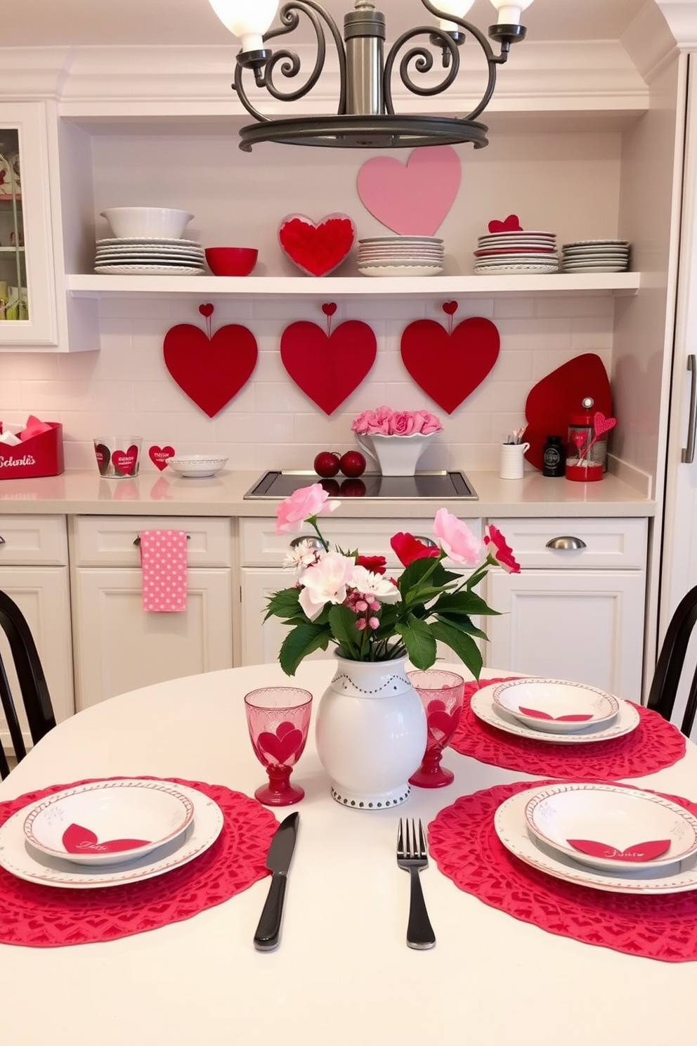 A charming kitchen setting adorned with heart-shaped placemats under beautifully arranged dishes. The table is set for a romantic Valentine's Day dinner, featuring red and pink accents throughout the decor.