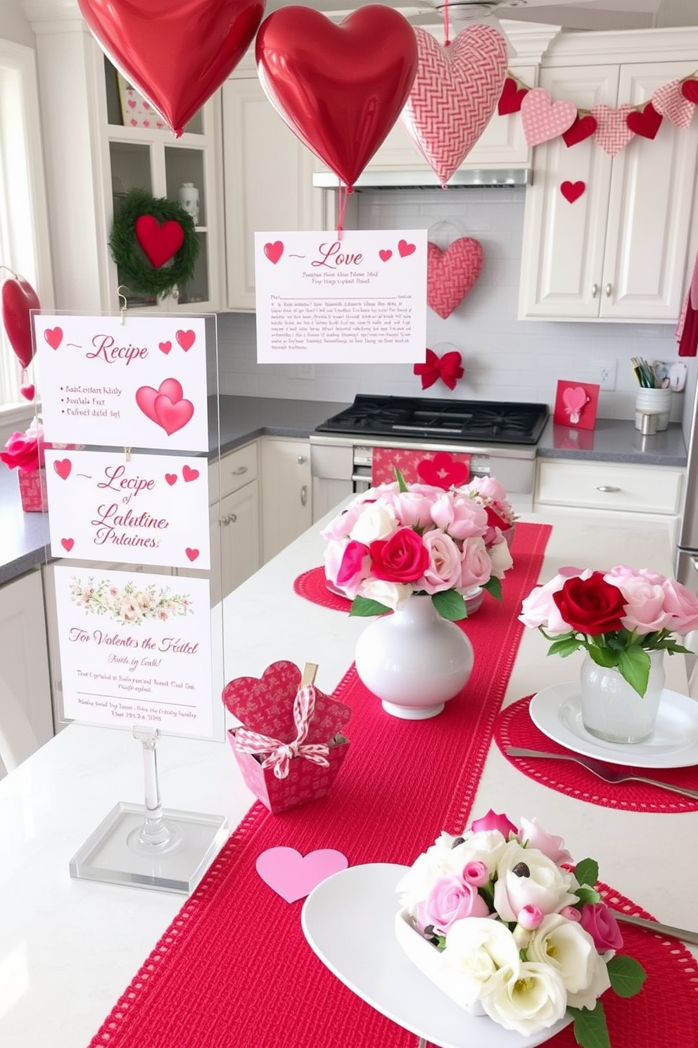 Love themed recipe cards on display. The cards feature romantic designs with heart motifs and elegant typography. The kitchen is adorned with festive decorations for Valentine's Day. Red and pink accents are incorporated through table runners, heart-shaped placemats, and floral centerpieces.