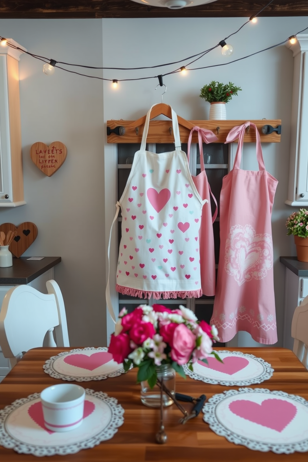 Create a charming kitchen scene adorned with sweetheart-themed aprons hanging on a rustic wooden rack. The aprons feature playful heart patterns and are complemented by soft pastel colors that evoke a warm Valentine’s Day atmosphere. In the background, a cozy dining table is set with heart-shaped placemats and delicate floral centerpieces. String lights softly illuminate the space, adding a romantic touch to the overall kitchen decor.