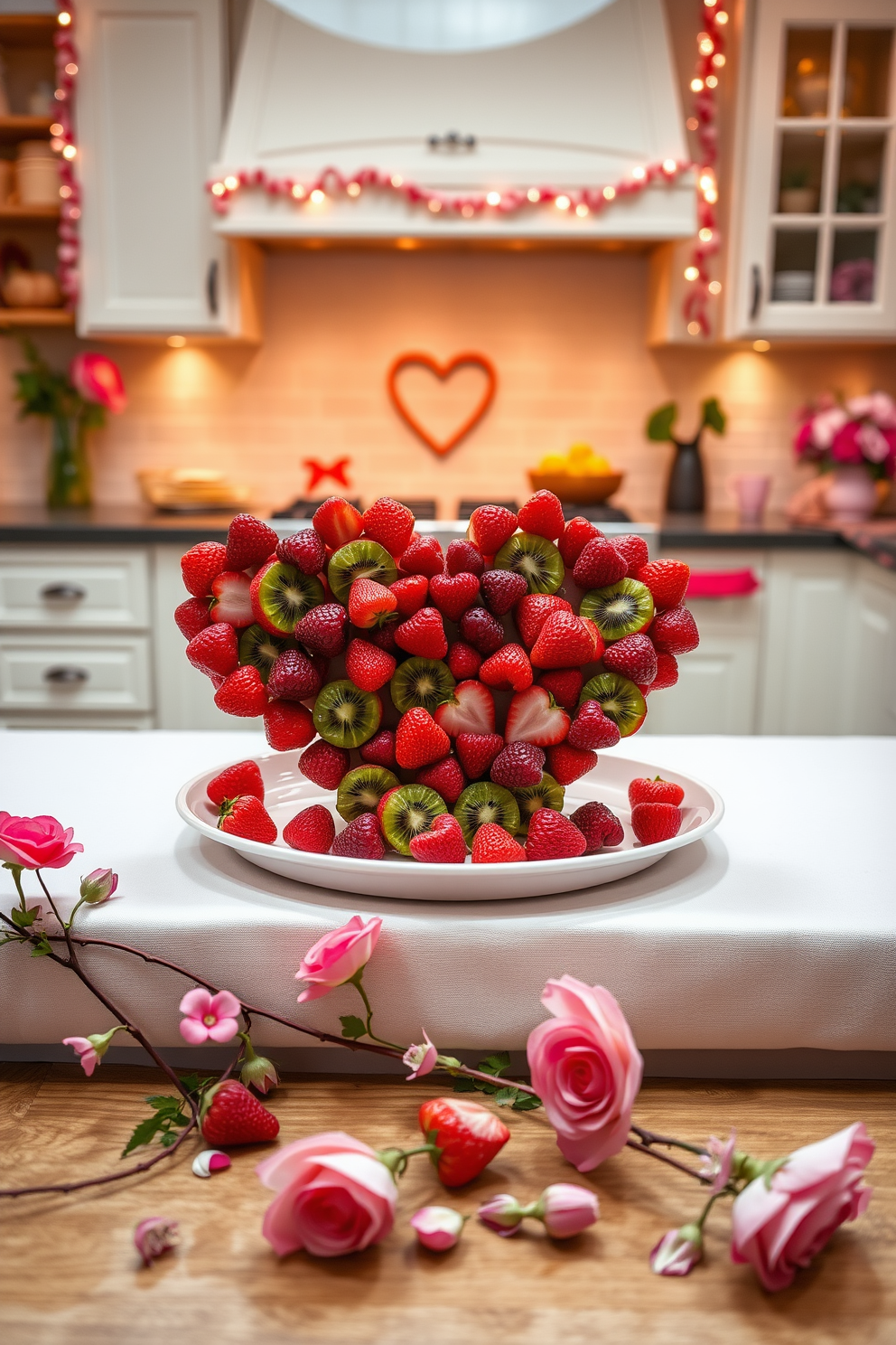 A romantic kitchen setting adorned with heart-shaped fruit arrangements on the dining table. Fresh strawberries, raspberries, and sliced kiwis are artfully arranged to create a vibrant centerpiece for a Valentine's Day celebration. The kitchen features soft ambient lighting that enhances the warm tones of the fruit. Delicate floral accents in shades of pink and red complement the overall decor, creating a cozy and inviting atmosphere.