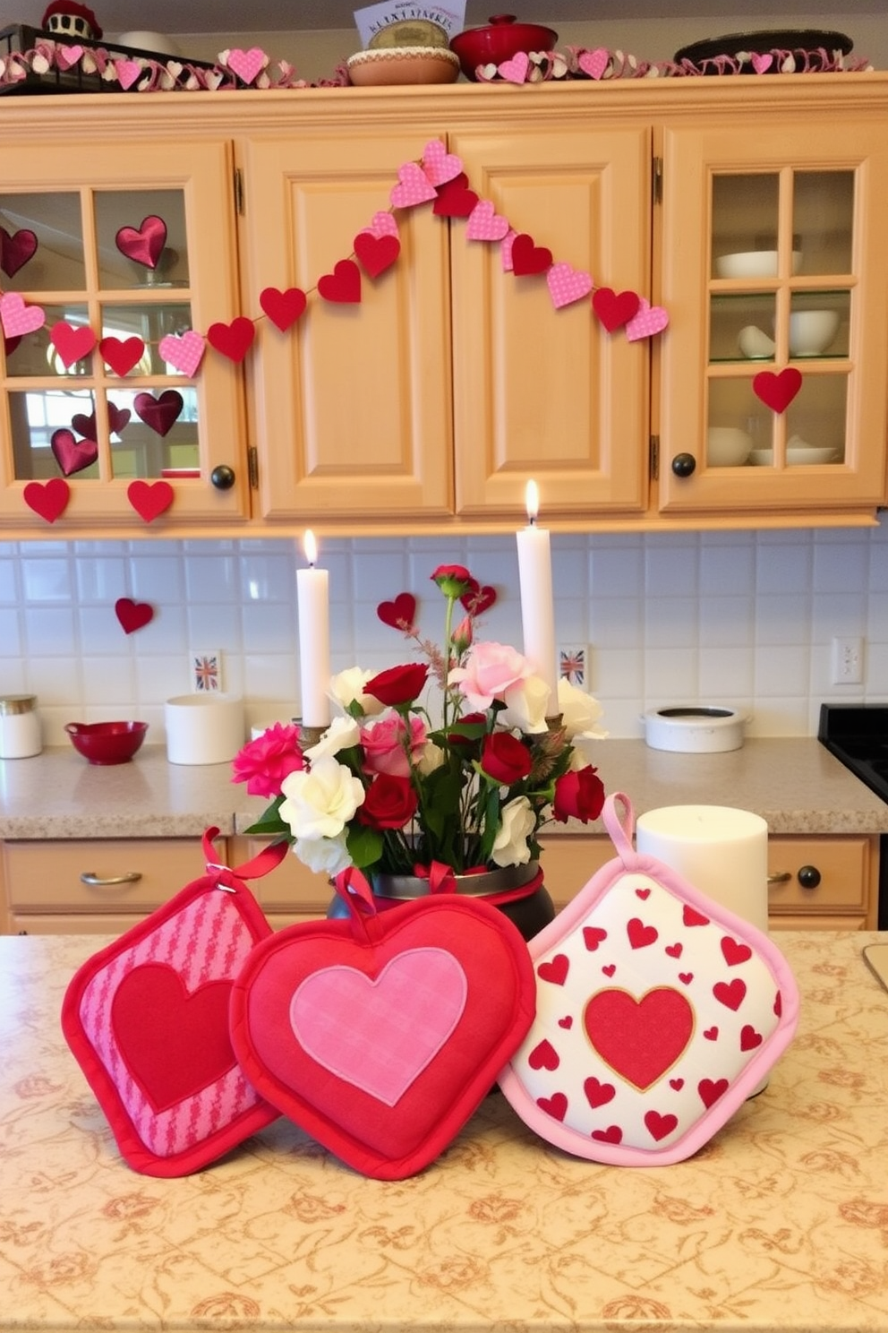 Valentine themed pot holders are displayed in a cozy kitchen setting. The pot holders feature heart patterns in shades of red and pink, adding a festive touch to the space. On the counter, a heart-shaped cake is surrounded by fresh flowers and candles. The kitchen is adorned with garlands of paper hearts hanging from the cabinets, creating a warm and inviting atmosphere.