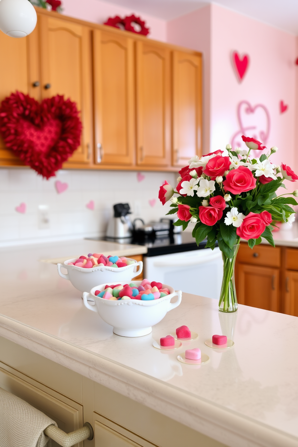 A charming kitchen setting adorned for Valentine's Day. On the countertop, decorative bowls filled with colorful candy hearts are artfully arranged, adding a festive touch to the space. The walls are painted in a soft pastel hue, complementing the warm wood cabinetry. A bouquet of fresh flowers in a vase sits nearby, enhancing the romantic ambiance of the kitchen.