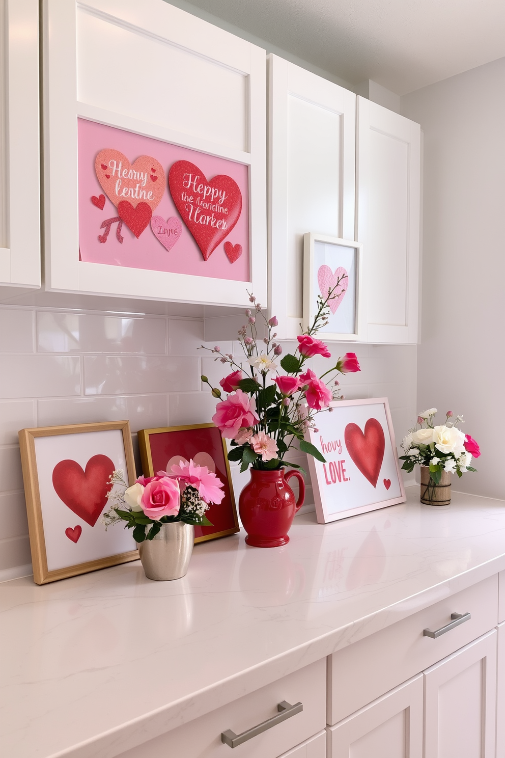 Seasonal artwork is beautifully arranged on the kitchen countertops, featuring vibrant colors and festive themes that celebrate the spirit of Valentine's Day. Heart-shaped decorations and charming prints create a warm and inviting atmosphere, perfect for cooking and entertaining. Delicate floral arrangements complement the artwork, adding a touch of romance and freshness to the space. Soft lighting enhances the overall ambiance, making the kitchen a cozy gathering spot for loved ones during the holiday.