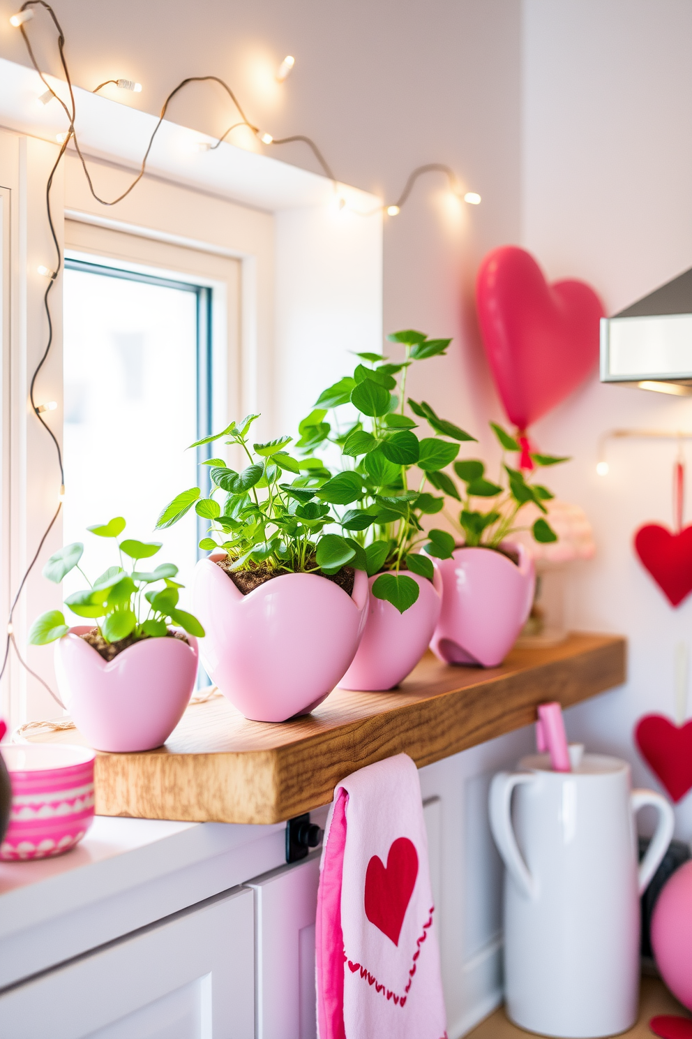 Heart-shaped plant pots filled with vibrant green plants are arranged on a rustic wooden shelf. The pots add a playful touch to the kitchen while enhancing the festive spirit of Valentine's Day. Delicate fairy lights are draped around the kitchen window, creating a warm and inviting atmosphere. Soft pink and red accents, such as heart-themed dish towels and tableware, complement the greenery beautifully.