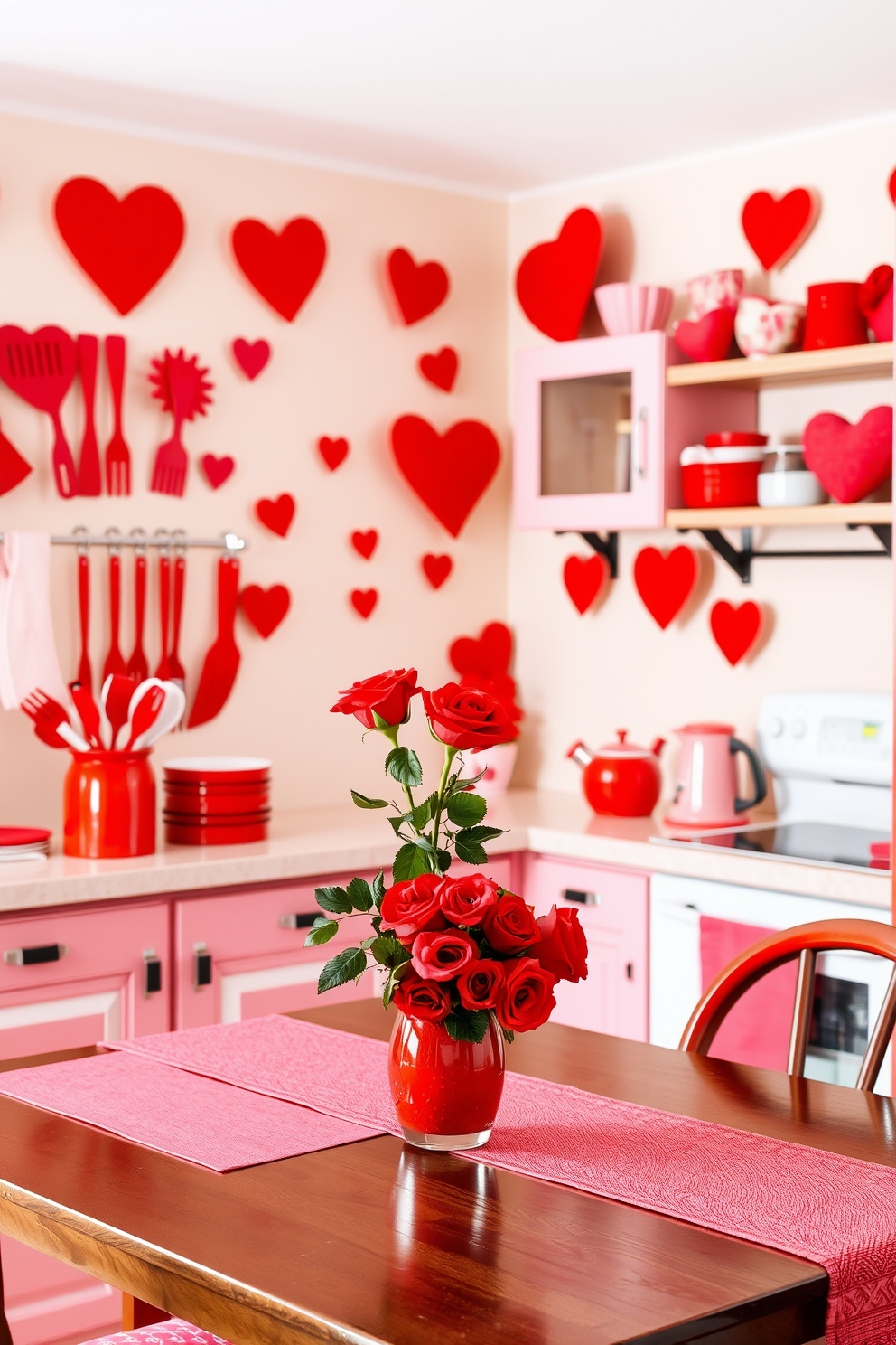 A vibrant kitchen setting decorated for Valentine's Day. Red and pink kitchen utensils are prominently displayed on the countertops, creating a cheerful and romantic atmosphere. Heart-shaped decorations adorn the walls, while a bouquet of red roses sits in a charming vase on the dining table. The overall color scheme combines warm shades of red and soft pink, enhancing the festive mood of the space.