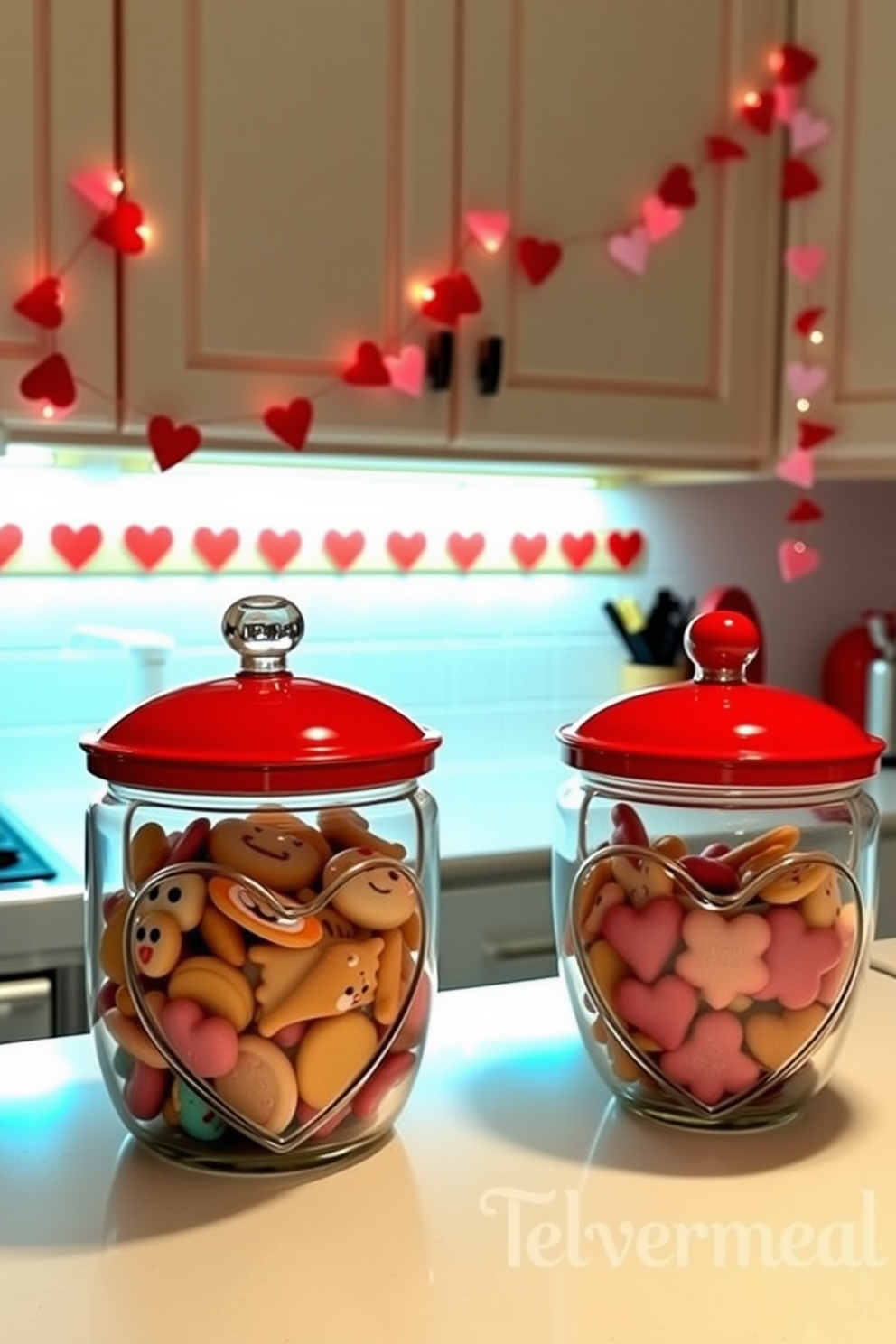 Heart-shaped cookie jars sit on the kitchen counters, adding a charming touch to the festive decor. The jars are filled with an assortment of colorful cookies, inviting guests to indulge in sweet treats for Valentine's Day. Delicate garlands of red and pink hearts drape across the cabinets, enhancing the romantic atmosphere. Soft, warm lighting illuminates the space, creating a cozy and inviting environment perfect for celebrating love.