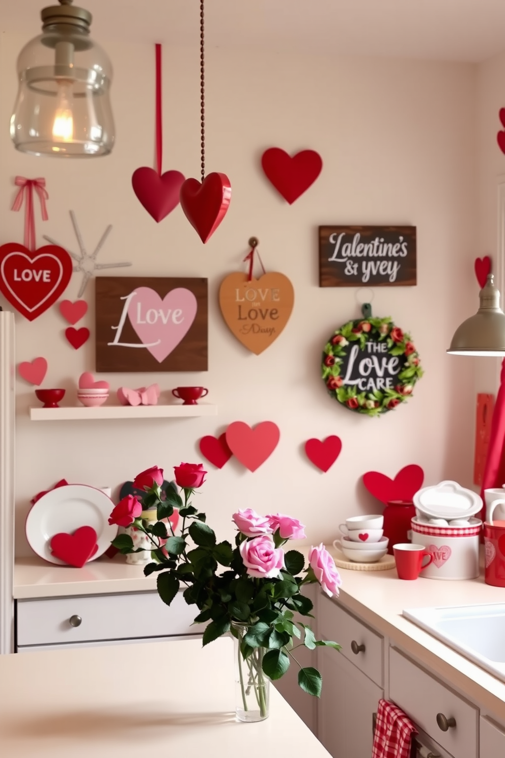 A charming kitchen adorned with Valentine-themed signage. Heart-shaped decorations hang from the walls, and cheerful red and pink accents brighten the space. The countertops are decorated with a collection of love-themed dishware and a bouquet of fresh roses. Soft lighting creates a warm and inviting atmosphere, perfect for celebrating the holiday.