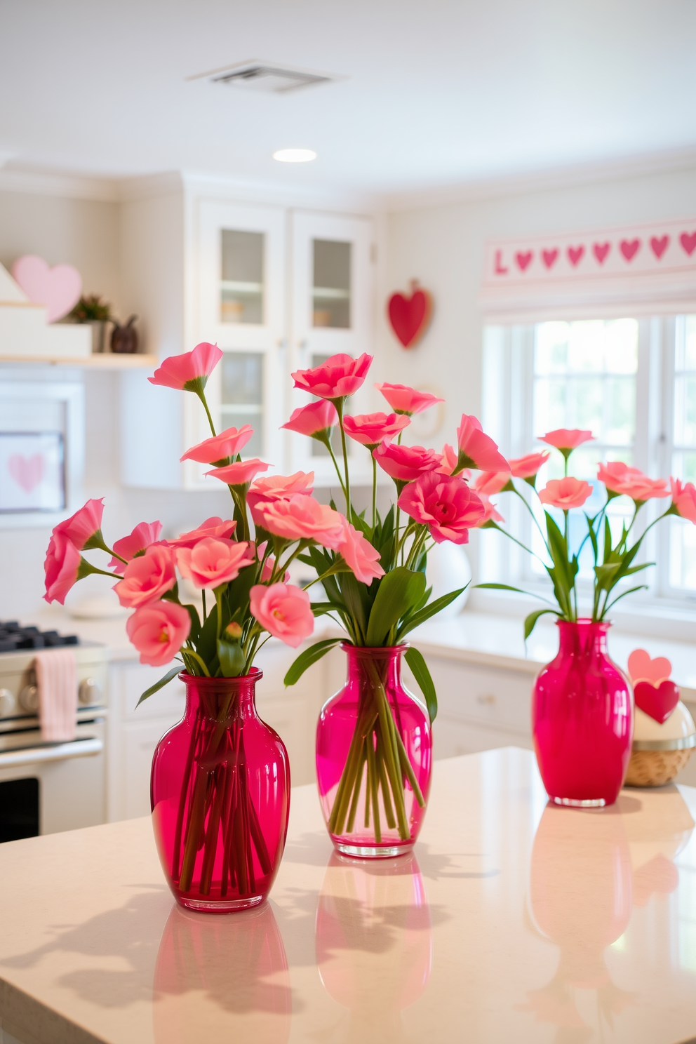 A bright and cheerful kitchen adorned with pink flowers in vibrant vases placed on the countertop. The decor features heart-themed accents and soft pastel colors to create a warm and inviting atmosphere for Valentine's Day.