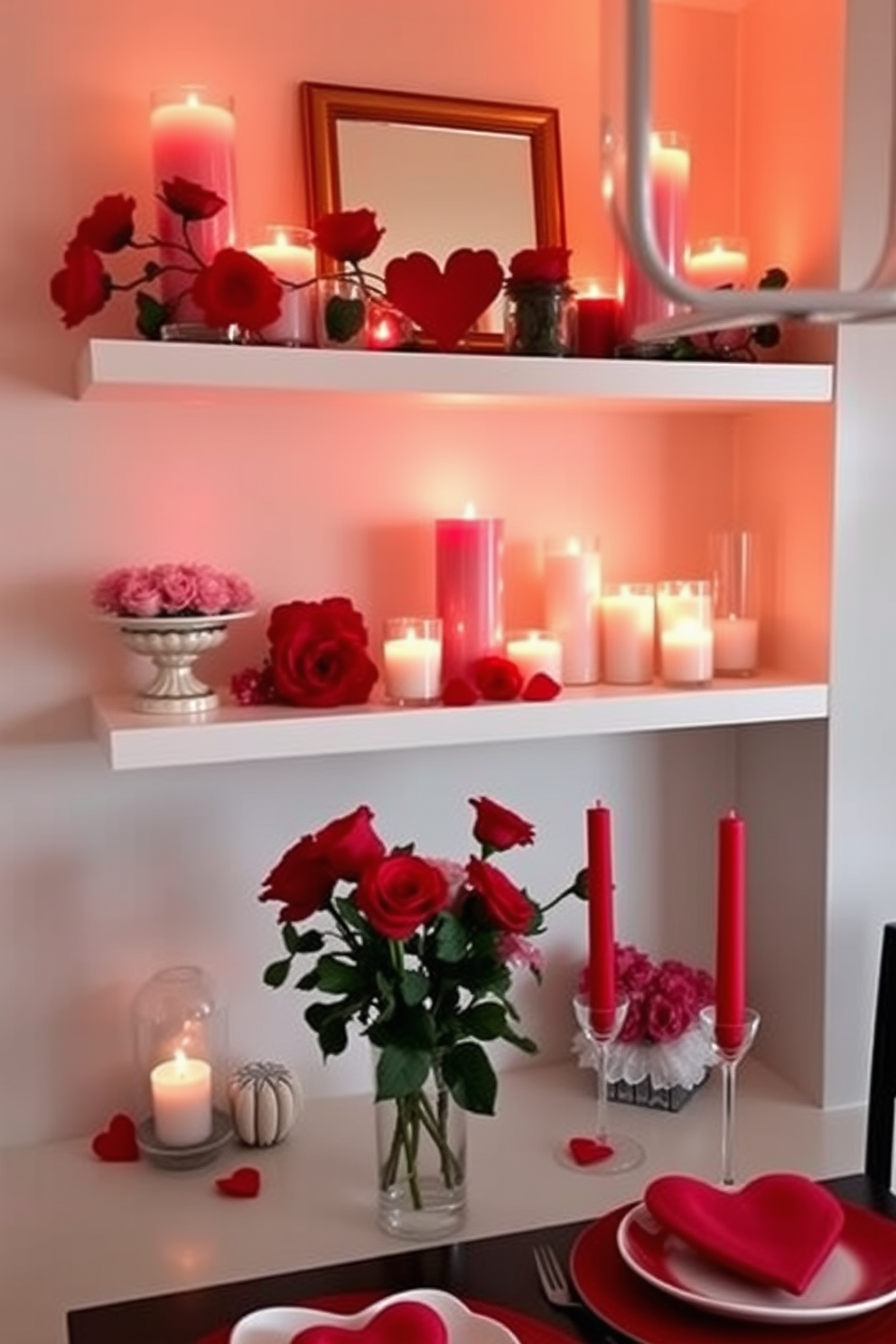 Romantic candle arrangements on shelves create a warm and inviting atmosphere. Softly flickering flames illuminate the surrounding decor, enhancing the overall ambiance with a touch of intimacy. For kitchen Valentine's Day decorating ideas, consider incorporating heart-shaped accents and vibrant red and pink hues. Fresh flowers in elegant vases and themed table settings can elevate the festive spirit while maintaining a cozy feel.