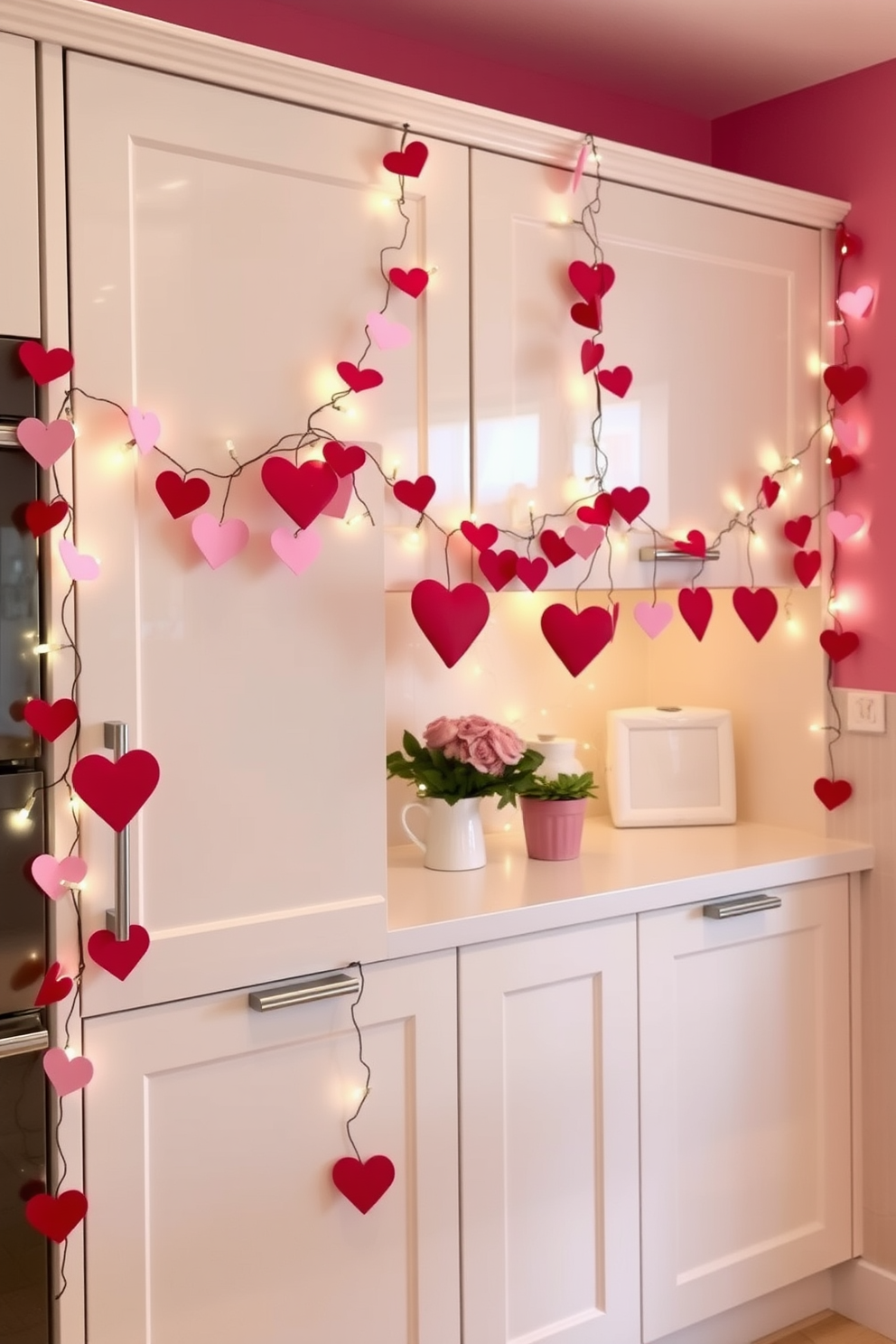 Heart garlands gently drape over the sleek cabinets, adding a whimsical touch to the kitchen. Soft pastel colors in pink and red create a festive atmosphere, while fairy lights twinkle among the garlands for a warm glow.