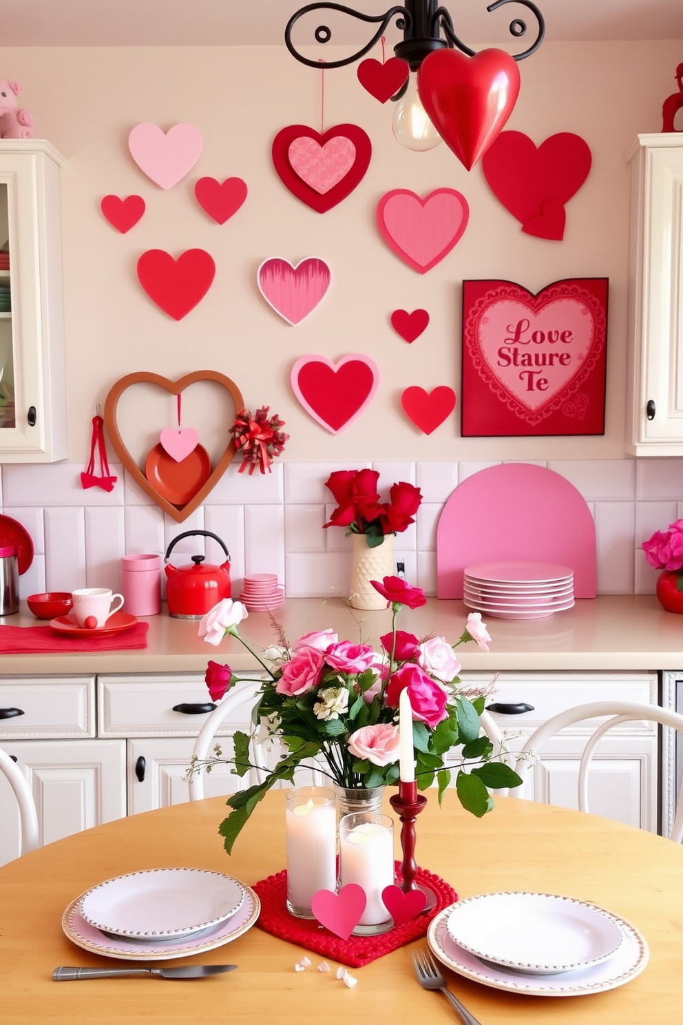 A cozy kitchen adorned with Valentine themed wall art. Heart-shaped decorations in soft pastel colors hang on the walls, creating a warm and inviting atmosphere. The countertops are decorated with red and pink accents, including heart-shaped dishware and floral arrangements. A festive table setting features a romantic centerpiece with candles and fresh flowers, perfect for a Valentine's Day dinner.