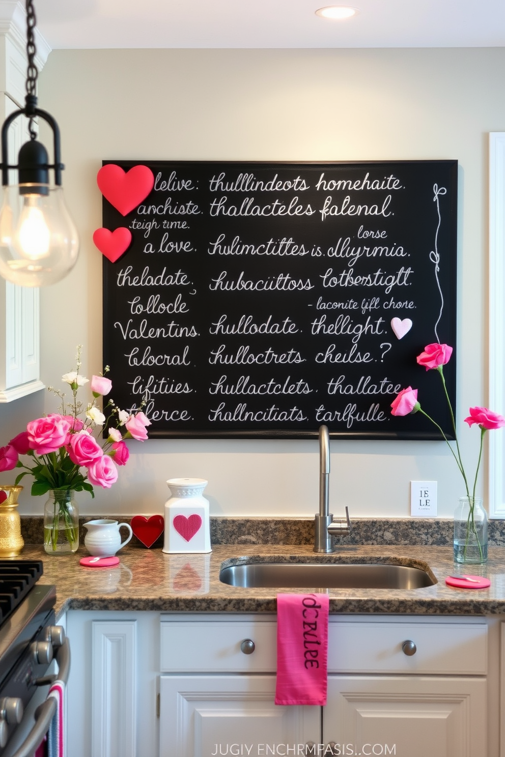 A charming kitchen scene decorated for Valentine's Day. A large chalkboard hangs on the wall, filled with handwritten love quotes in elegant script. The countertops are adorned with heart-shaped decorations and pink floral arrangements. Soft lighting creates a warm and inviting atmosphere, perfect for celebrating love.