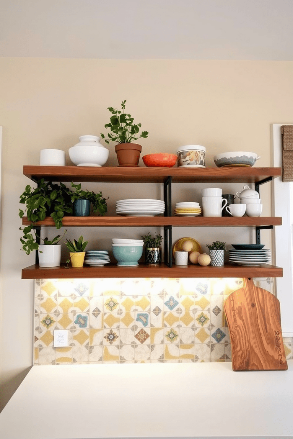 Open shelving creates a functional and stylish kitchen space, allowing for easy access to frequently used items while showcasing beautiful dishware and decor. The walls are painted in a soft neutral tone, providing a warm backdrop for the open shelves made of reclaimed wood, adorned with potted herbs and colorful ceramics. Accent the kitchen with a bold backsplash featuring geometric tiles that add visual interest and contrast against the shelving. Incorporate under-shelf lighting to highlight the displayed items and create an inviting ambiance in the cooking area.