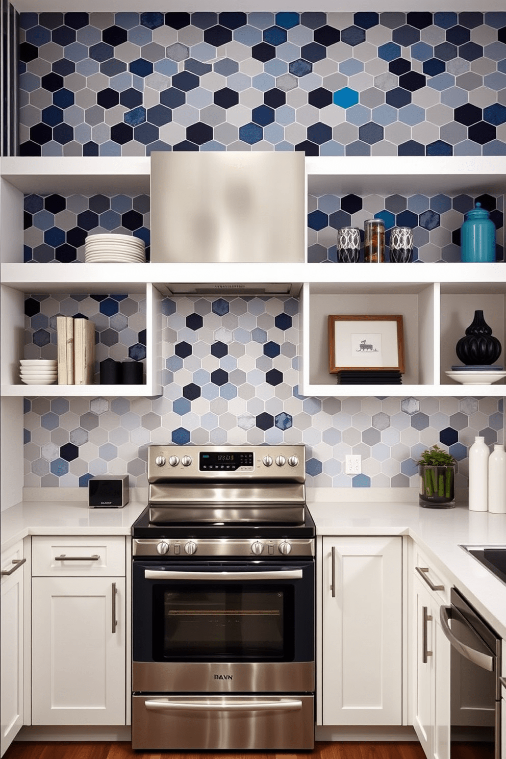 A contemporary kitchen featuring geometric patterns on the walls creates a striking visual appeal. The backsplash is adorned with hexagonal tiles in varying shades of blue and gray, adding depth and interest to the space. The cabinetry is sleek and minimalistic, painted in a crisp white finish that complements the bold wall design. Stainless steel appliances enhance the modern aesthetic, while open shelving showcases stylish dishware and decorative items.