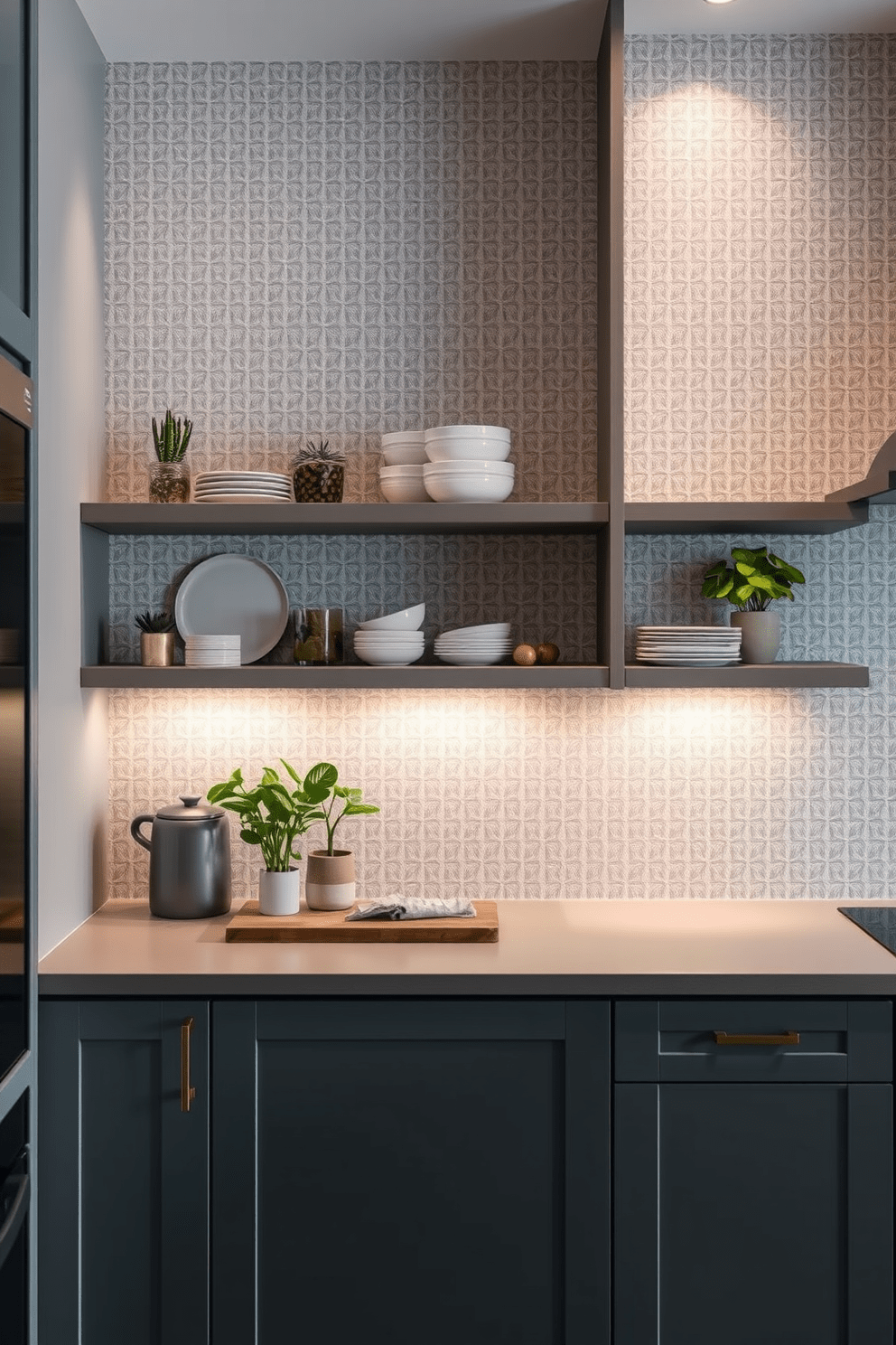 Textured wallpaper featuring a subtle geometric pattern creates an inviting backdrop in the kitchen. The wallpaper is complemented by open shelving displaying stylish dishware and decorative plants. A soft color palette of muted blues and grays enhances the warmth of the kitchen space. Under-cabinet lighting highlights the texture of the wallpaper, creating a cozy and modern atmosphere.