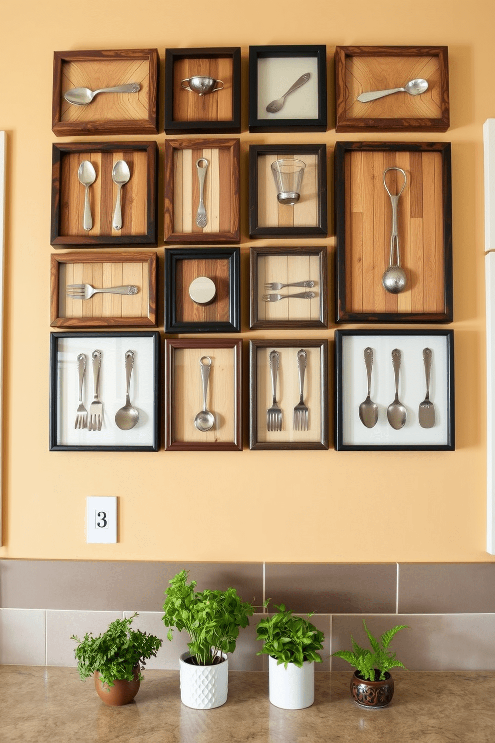 A stunning kitchen wall adorned with framed cooking utensils displayed as art pieces. The frames feature a mix of rustic wood and sleek metal, creating a harmonious blend of styles. The wall is painted in a soft, warm hue that complements the cabinetry, while the utensils are arranged in an eye-catching pattern. Underneath, a stylish countertop showcases a selection of fresh herbs in decorative pots, enhancing the inviting atmosphere.