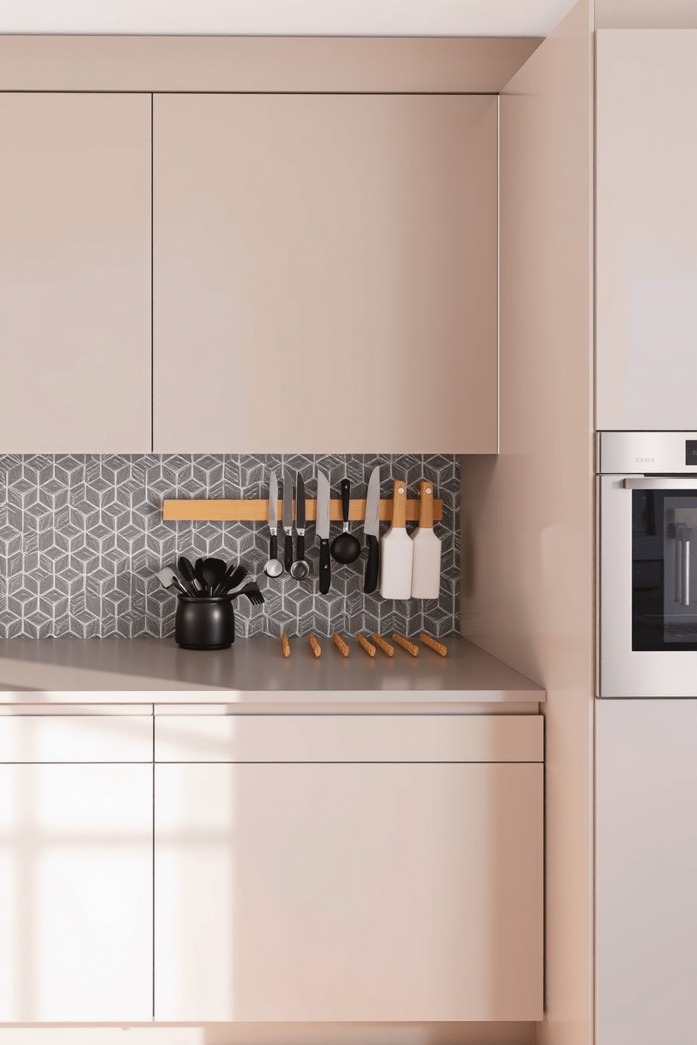 A modern kitchen wall featuring a magnetic knife strip for easy access to utensils. The design includes sleek cabinetry in a matte finish, complemented by a stylish backsplash in a geometric pattern.