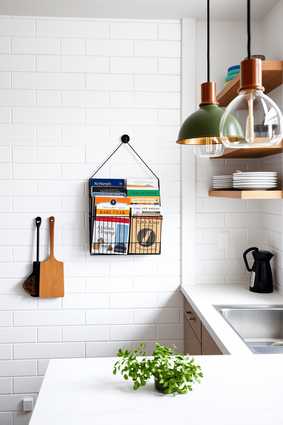 A modern kitchen with a wall-mounted cookbook holder for convenience. The walls are adorned with sleek white tiles and accented with open shelving displaying colorful dishware. The countertop features a spacious area for meal prep, complemented by stylish pendant lights hanging above. A herb garden sits on the windowsill, adding a touch of greenery and freshness to the space.