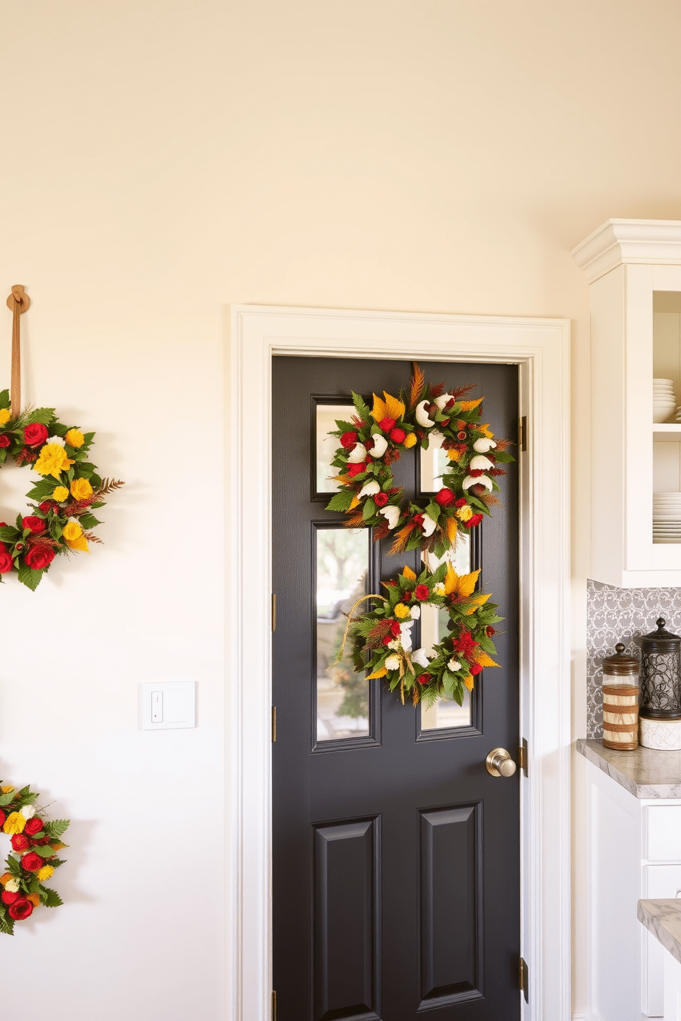 A collection of seasonal wreaths hangs on the front door creating a warm and inviting atmosphere. Each wreath is crafted from vibrant foliage and seasonal flowers reflecting the charm of the current season. The kitchen walls are adorned with a soft pastel color that complements the cabinetry. Open shelving displays beautiful dishware while a decorative backsplash adds a pop of texture and interest.