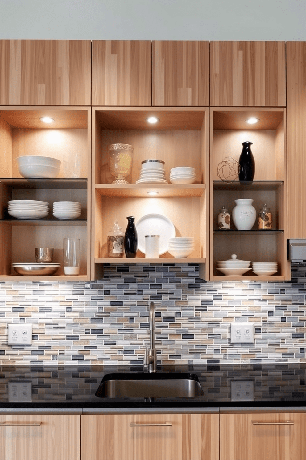 A collection of decorative open cabinets in a modern kitchen. The cabinets are crafted from light wood and feature an array of neatly arranged dishware and decorative items that enhance the overall aesthetic. The kitchen wall is adorned with a unique backsplash of colorful tiles that adds character and vibrancy. Soft ambient lighting highlights the open shelves, creating an inviting and stylish atmosphere.