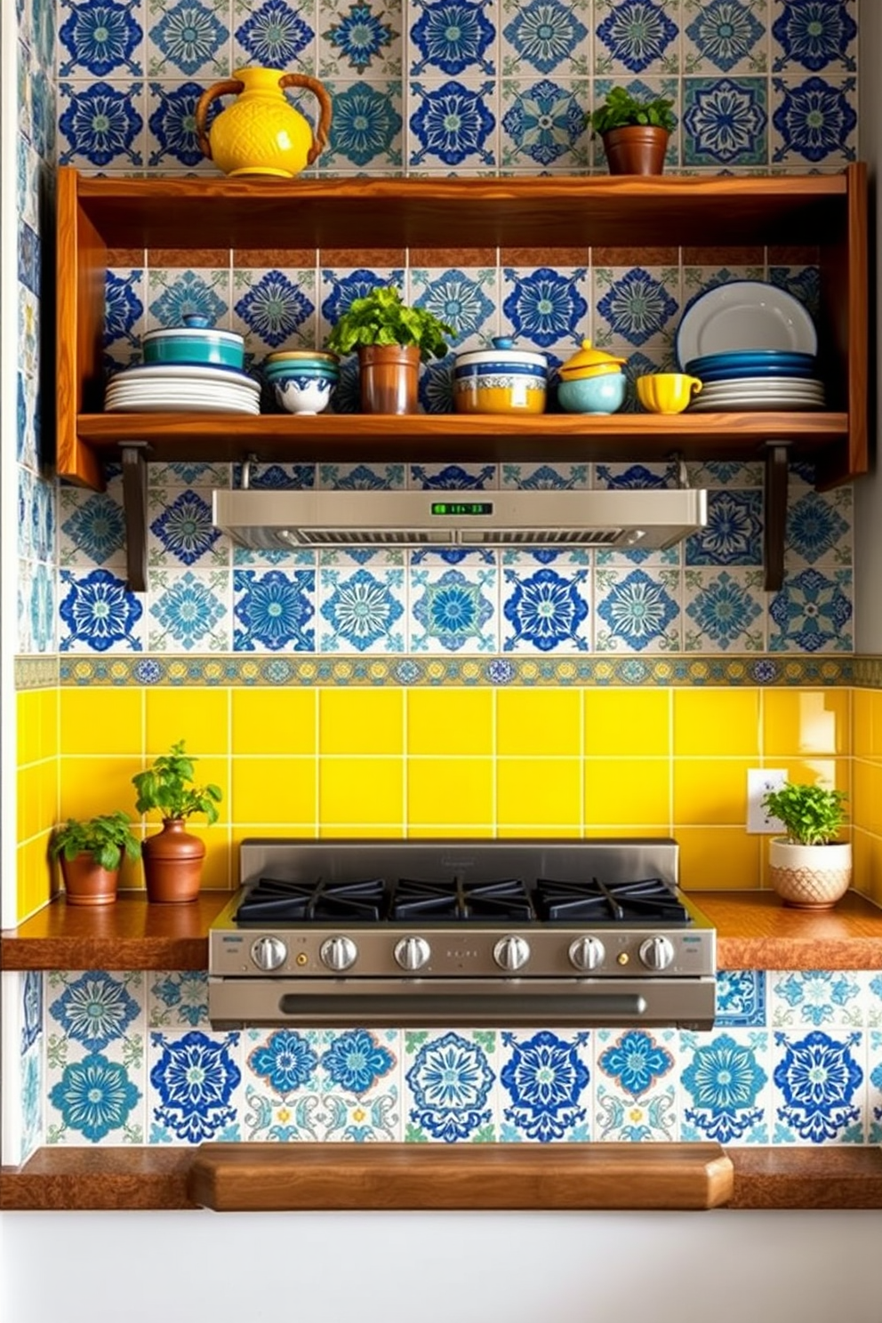 A vibrant kitchen wall adorned with artisan tiles in various shades of blue and yellow creates a cheerful atmosphere. The tiles feature intricate patterns that add depth and character to the space. Above the countertop, open wooden shelves display colorful dishware and potted herbs, enhancing the lively ambiance. A stylish range hood complements the design, framed by the beautiful tiled backsplash.