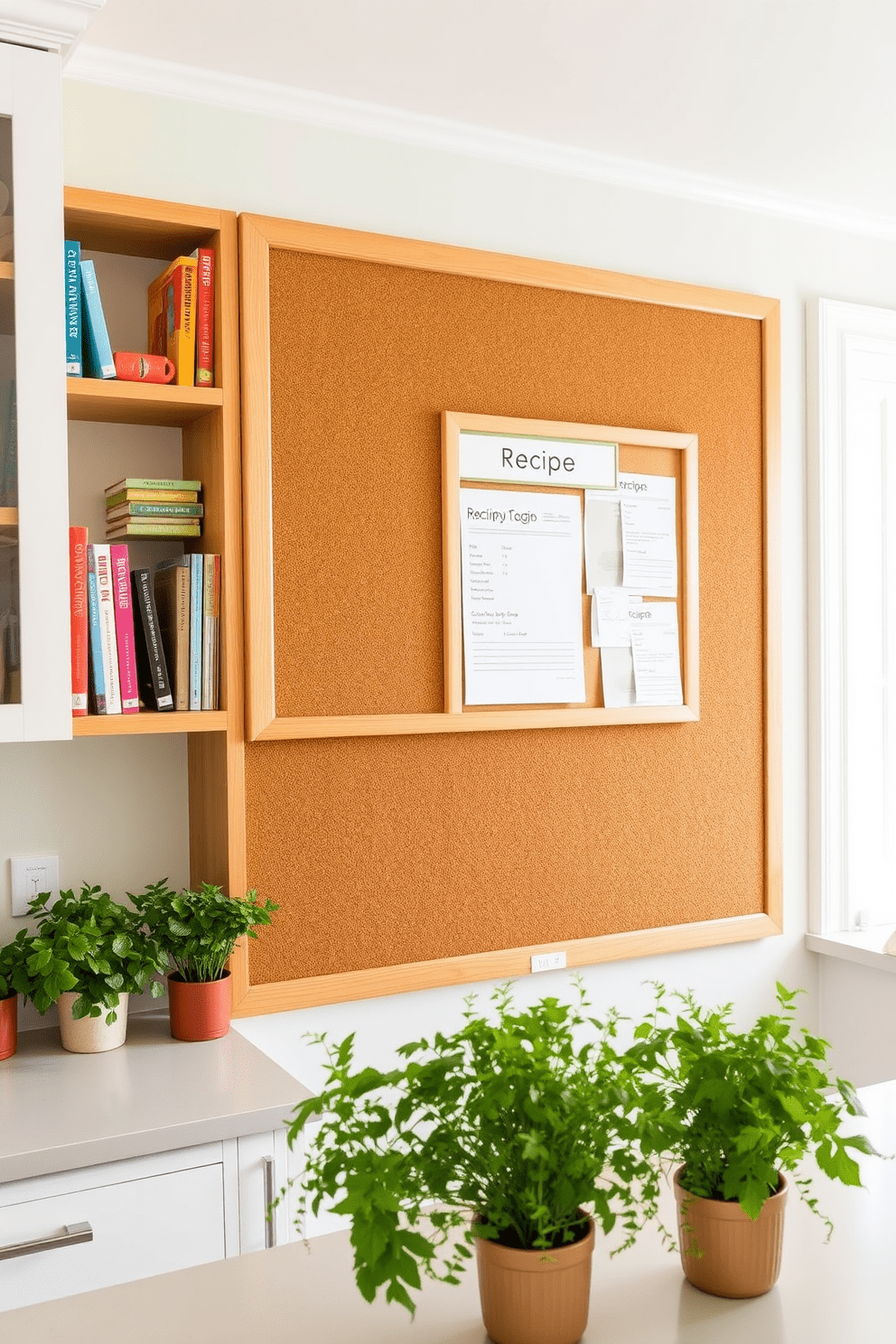 A corkboard wall is installed in a bright and airy kitchen, serving as a functional space for recipe organization. The corkboard is framed in natural wood, surrounded by open shelving displaying colorful cookbooks and vibrant kitchenware. The wall behind the corkboard features a soft pastel color, enhancing the kitchen's warm and inviting atmosphere. Below the corkboard, a sleek countertop is adorned with fresh herbs in decorative pots, adding a touch of greenery to the design.