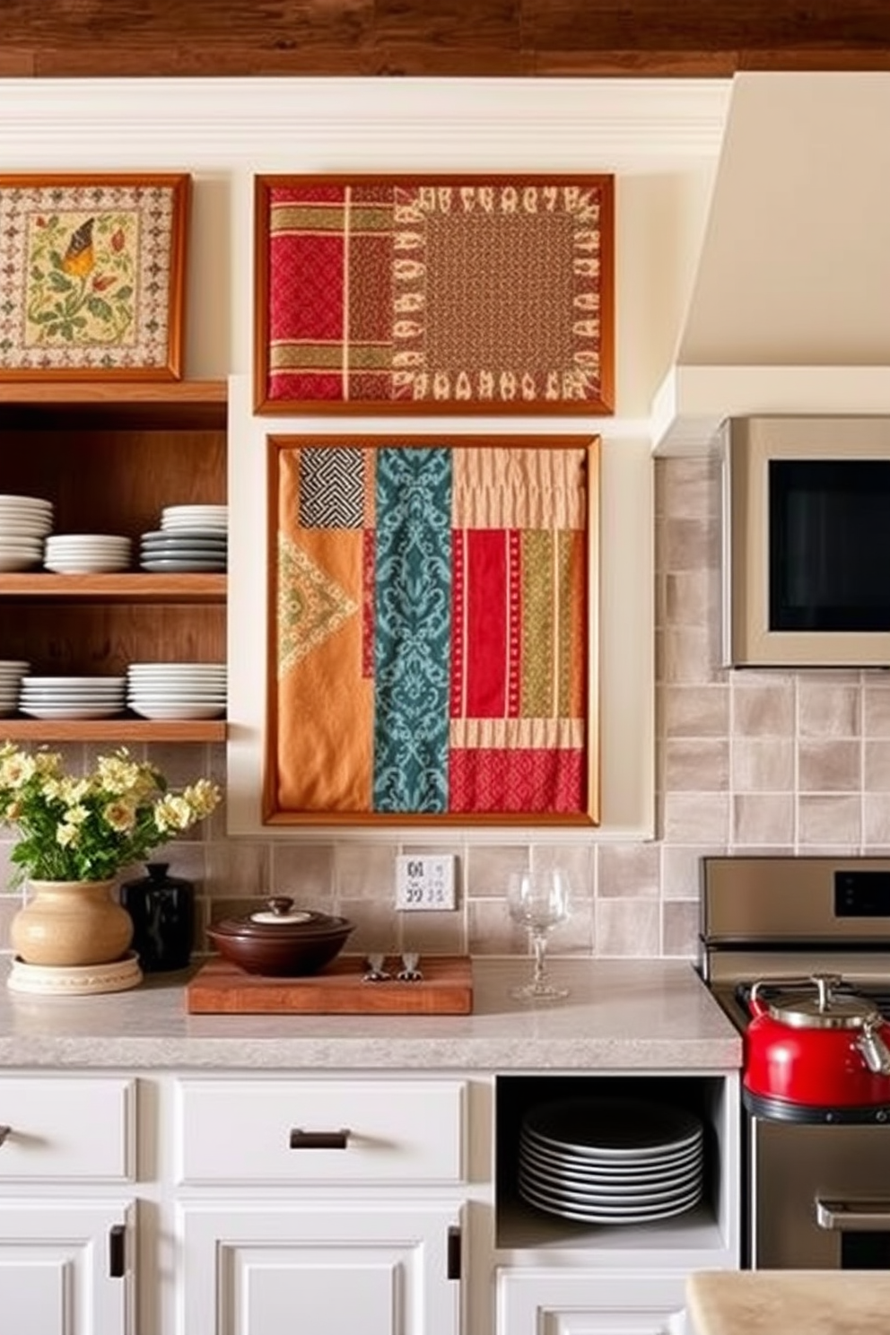 A cozy kitchen wall adorned with framed fabric panels that add warmth and texture to the space. The textiles feature a mix of patterns and colors, creating a vibrant focal point that complements the cabinetry. The walls are painted in a soft, neutral tone to enhance the warmth of the fabric. Open shelving displays curated kitchenware, while a backsplash of muted tiles adds an elegant touch.