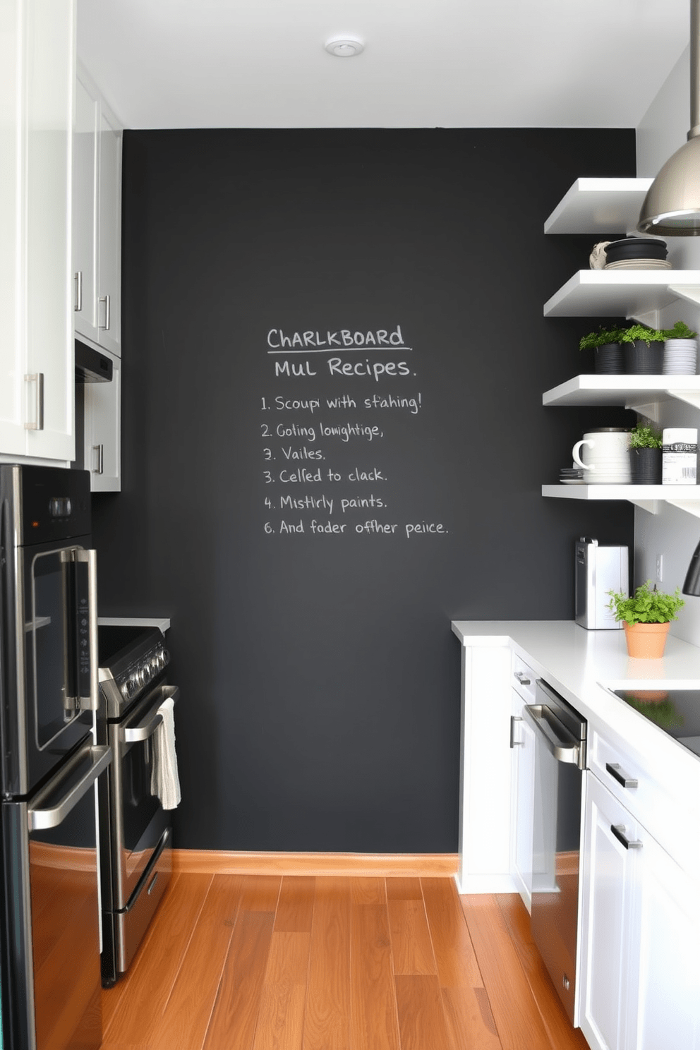 A modern kitchen featuring a chalkboard wall that serves as a space for notes and recipes. The wall is painted in a matte black finish, providing a striking contrast to the white cabinetry and stainless steel appliances. Surrounding the chalkboard wall, open shelving displays stylish kitchenware and potted herbs. The floor is adorned with warm wooden planks, creating a cozy and inviting atmosphere.