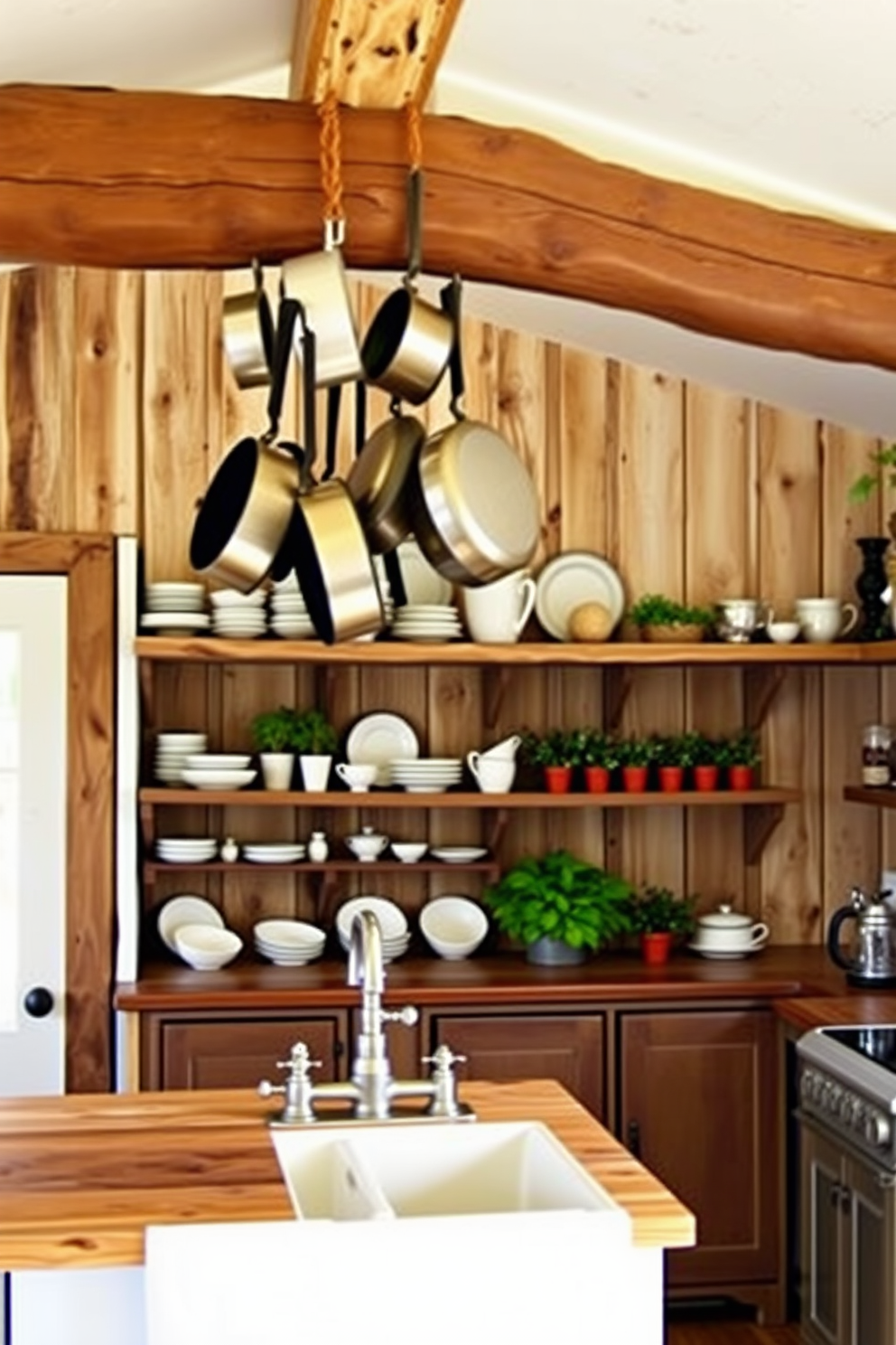 A charming rustic kitchen featuring hanging pots and pans from a wooden beam above a central island. The walls are adorned with reclaimed wood panels, creating a warm and inviting atmosphere. Open shelving displays vintage dishware and herbs in small pots, enhancing the rustic feel. A farmhouse sink with a vintage faucet adds to the overall charm of the kitchen.