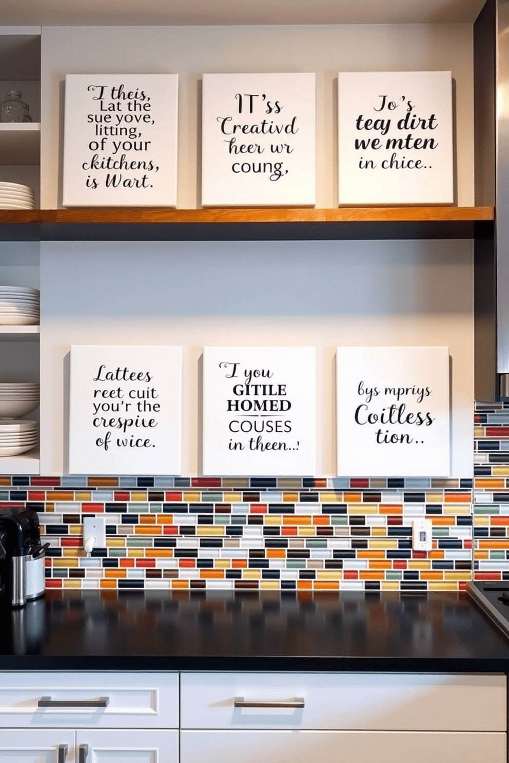 Inspirational quotes on canvas prints adorn the kitchen walls, adding a personal touch to the space. The prints feature elegant typography in various styles, showcasing motivational phrases that inspire creativity and joy in cooking. The kitchen wall design incorporates a mix of open shelving and sleek cabinetry, creating a modern yet functional aesthetic. A vibrant backsplash made of colorful tiles complements the overall decor, enhancing the warmth of the room.