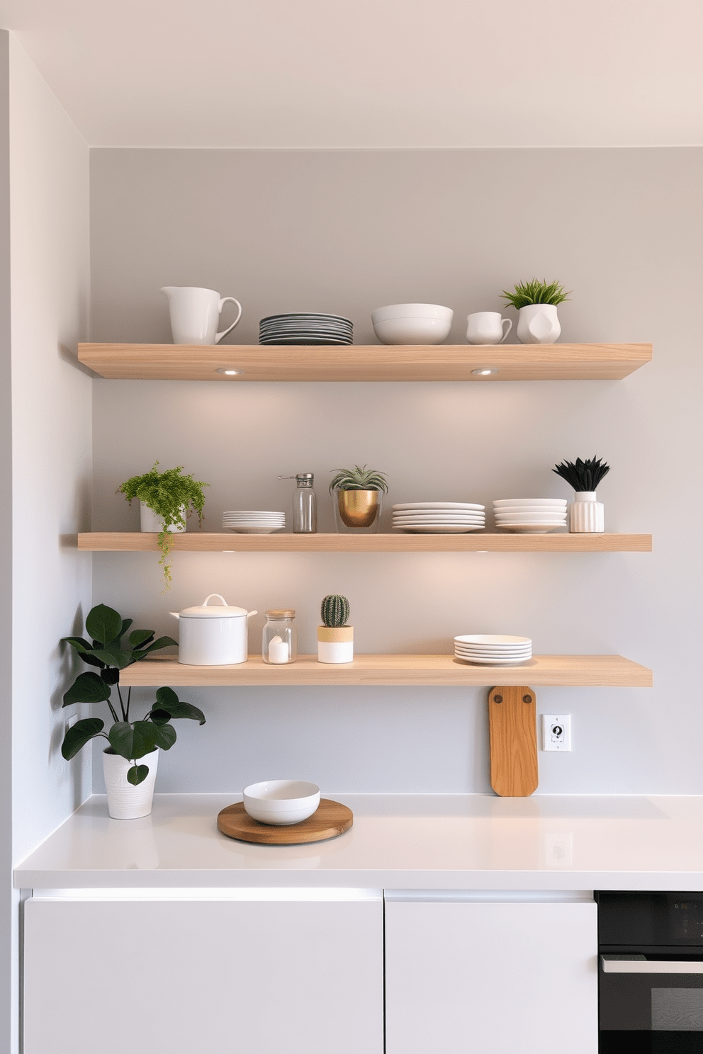 Minimalist floating shelves create a sleek and modern kitchen aesthetic. The shelves are made of light wood and are installed above a clean white countertop, displaying carefully curated kitchenware and plants. The walls are painted in a soft gray tone, complementing the minimalist design. Underneath the shelves, subtle LED lighting illuminates the space, adding warmth and highlighting the decor.