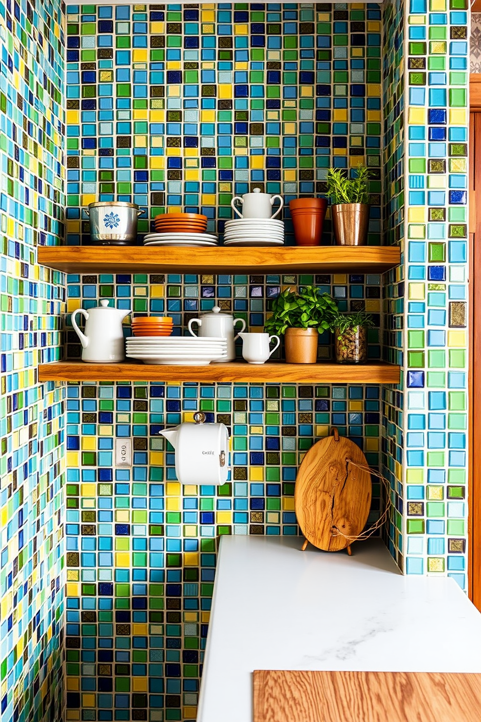 A vibrant kitchen space featuring mosaic tiles that create a unique and eye-catching texture. The walls are adorned with a colorful array of tiles, blending shades of blue, green, and yellow for a lively atmosphere. Incorporating open shelving made from reclaimed wood adds warmth and character to the design. Stylish kitchenware and potted herbs are displayed on the shelves, enhancing both functionality and aesthetics.