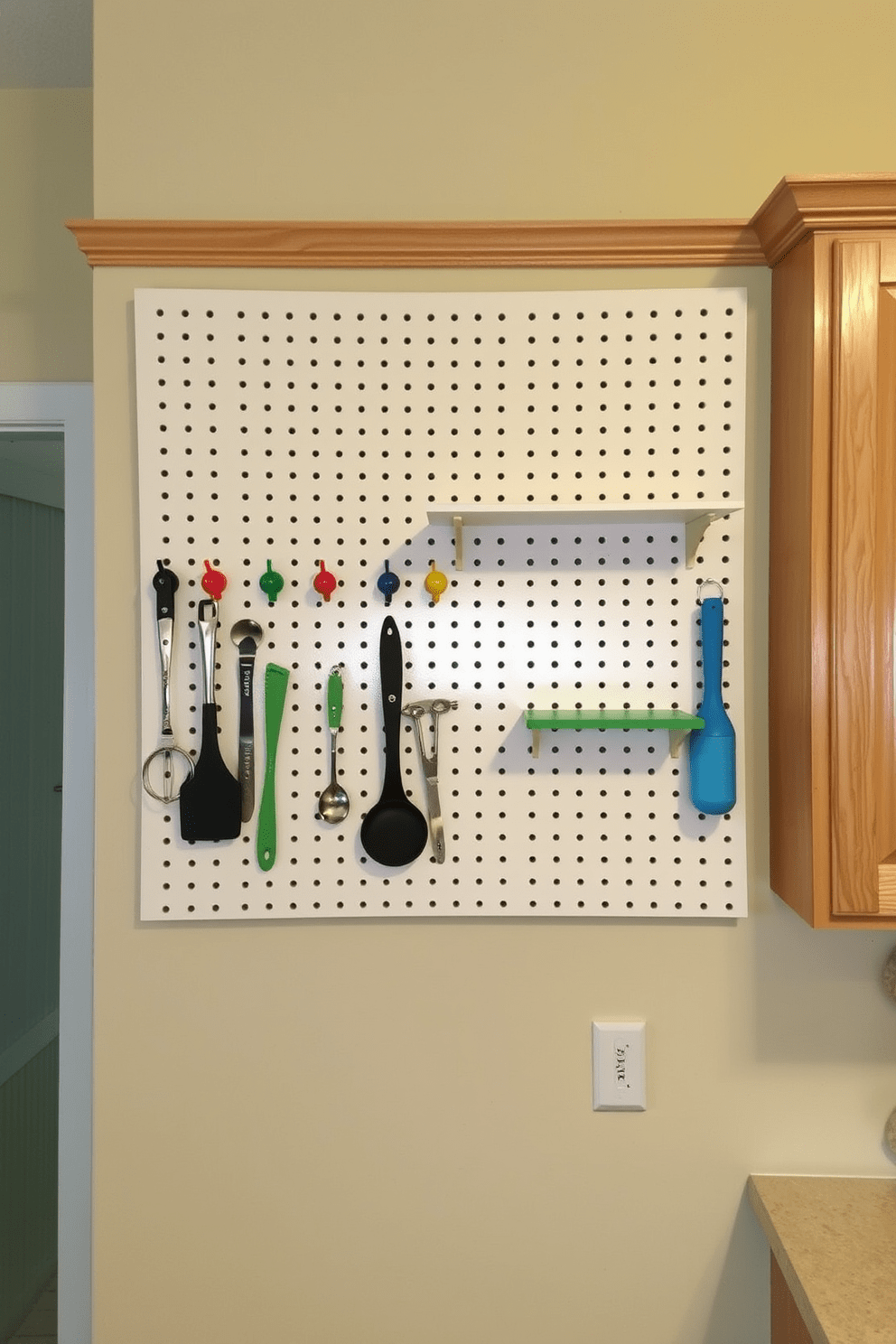 A functional pegboard is mounted on the kitchen wall, providing versatile storage for utensils and cookware. The pegboard is painted in a soft white color, complementing the warm wood tones of the cabinetry below. Colorful hooks and shelves are arranged on the pegboard, allowing for easy access to frequently used items. The surrounding wall features a subtle backsplash with a modern tile pattern, enhancing the overall aesthetic of the kitchen.