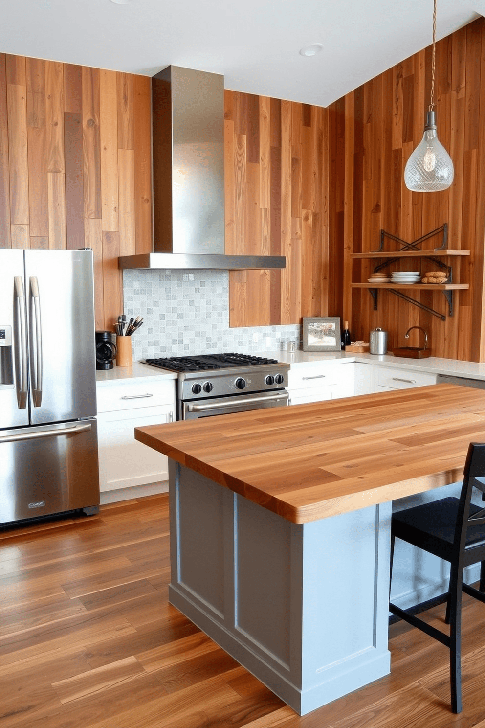 A modern kitchen featuring creative use of reclaimed wood accents. The walls are adorned with vertical reclaimed wood panels that add warmth and texture to the space. Sleek stainless steel appliances complement the rustic wood, creating a harmonious blend of styles. A large island with a reclaimed wood countertop serves as a focal point, inviting family and friends to gather.