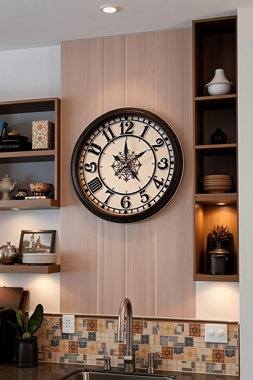 A large clock serves as a striking statement piece on the kitchen wall, drawing attention with its intricate design and bold colors. Surrounding the clock, the wall features a blend of open shelving and decorative tiles that enhance the overall aesthetic of the space. The kitchen wall is adorned with a combination of textured panels and vibrant artwork, creating a lively and inviting atmosphere. Subtle lighting highlights the clock and the surrounding decor, adding warmth and depth to the room.