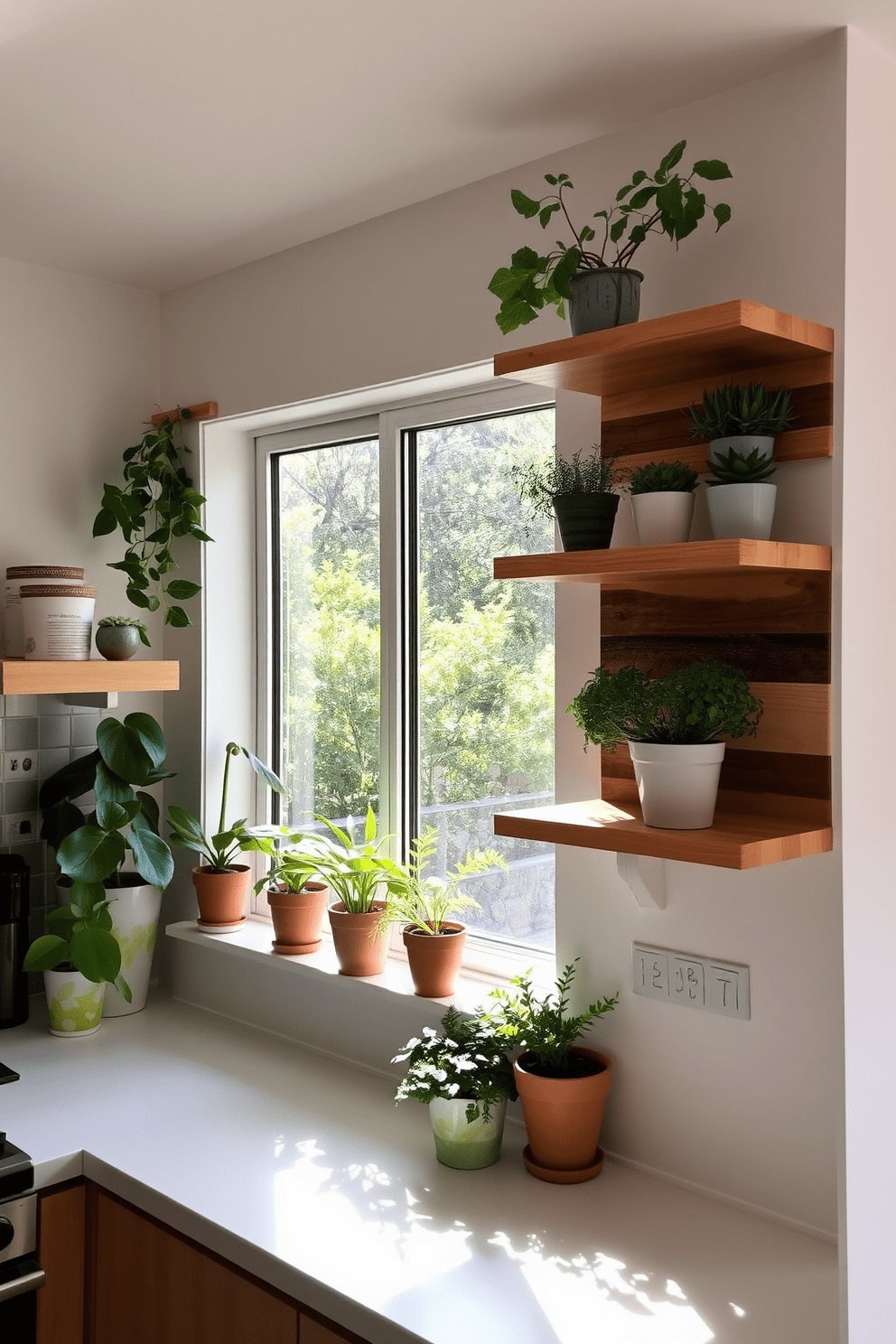 A cozy kitchen nook featuring a large window with natural light pouring in. Potted plants of various sizes are placed on the windowsill and surrounding shelves, adding a vibrant touch of greenery. A modern kitchen wall adorned with open shelving made of reclaimed wood. Stylish potted herbs and decorative plants are artfully arranged on the shelves, creating a fresh and inviting atmosphere.