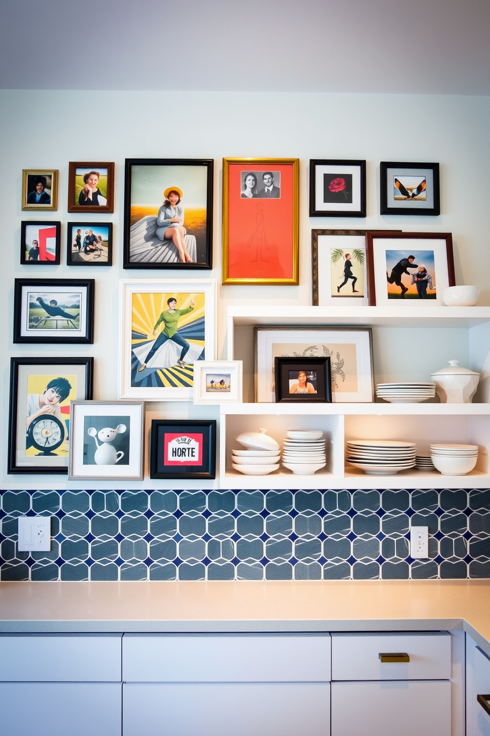 A gallery wall features an eclectic mix of family photos and vibrant artwork arranged in a harmonious layout. The frames vary in style and color, creating a dynamic visual interest that tells the story of cherished memories and artistic expression. The kitchen wall design incorporates open shelving showcasing stylish dishware and decorative items. A bold backsplash in a geometric pattern adds a contemporary flair, while under-cabinet lighting highlights the beauty of the space.