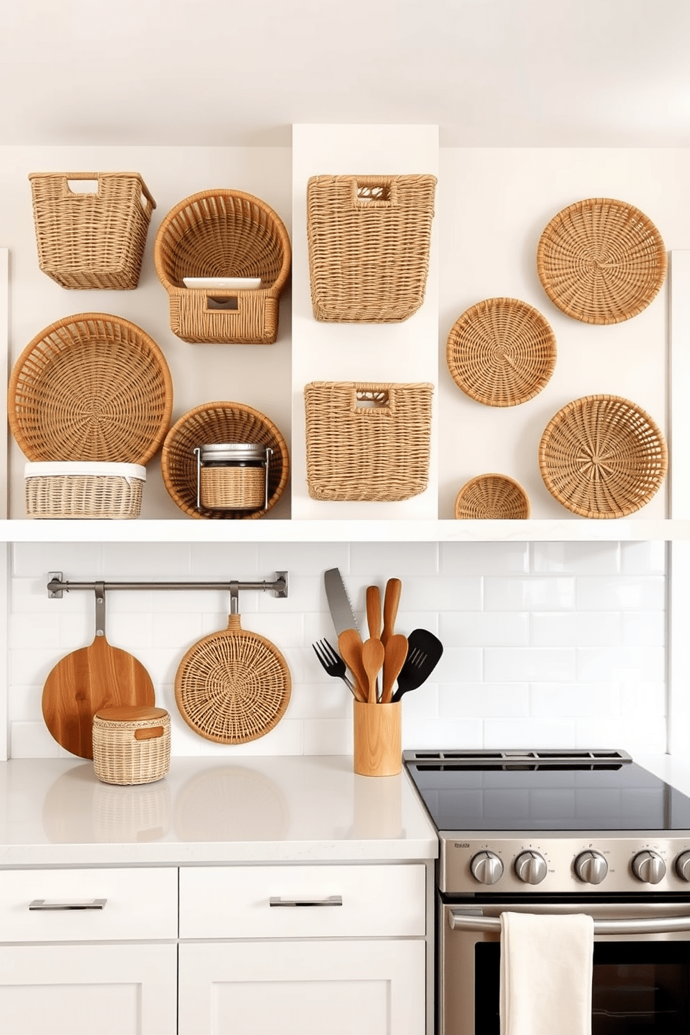 A modern kitchen featuring wall-mounted baskets for organized storage. The baskets are crafted from natural wicker and are arranged in a visually appealing pattern on the wall, providing both functionality and style. The kitchen walls are painted in a soft white, creating a bright and airy atmosphere. Sleek stainless steel appliances complement the rustic charm of the wicker baskets, enhancing the overall design.