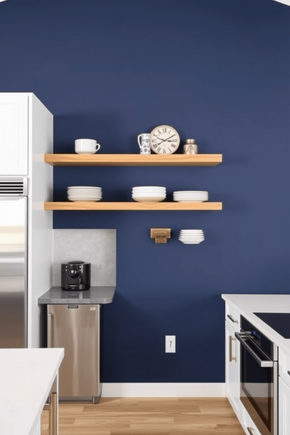 A bold color accent wall in a modern kitchen creates a striking focal point. The wall is painted in a deep navy blue, contrasting beautifully with white cabinetry and stainless steel appliances. Floating shelves in a natural wood finish are mounted on the accent wall, displaying stylish dishware and decorative items. A sleek, minimalist backsplash in a geometric pattern complements the vibrant wall color, enhancing the overall design.