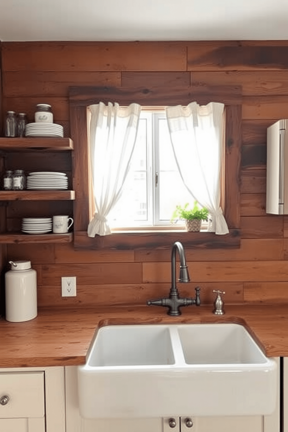 A rustic kitchen featuring wooden planks on the walls, creating a warm and inviting farmhouse atmosphere. The design incorporates open shelving made from reclaimed wood, displaying vintage dishes and mason jars for a cozy touch. The kitchen is complemented by a large farmhouse sink with a vintage-style faucet, adding to the rustic charm. Natural light floods the space through a window adorned with simple linen curtains, enhancing the warm tones of the wooden planks.