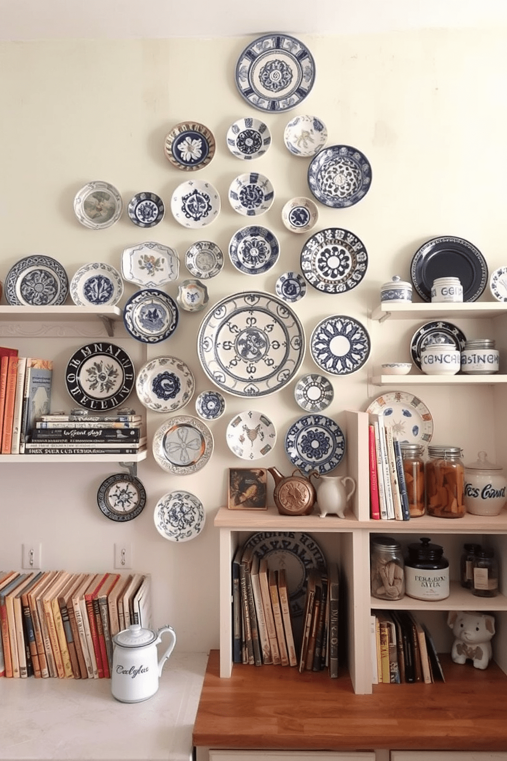 A collection of vintage plates arranged artistically on a light-colored wall. The plates feature intricate patterns and colors, creating a charming focal point in the kitchen. The surrounding area is accented with open shelving that showcases cookbooks and decorative jars. Soft, warm lighting enhances the nostalgic feel of the space, inviting warmth and character.