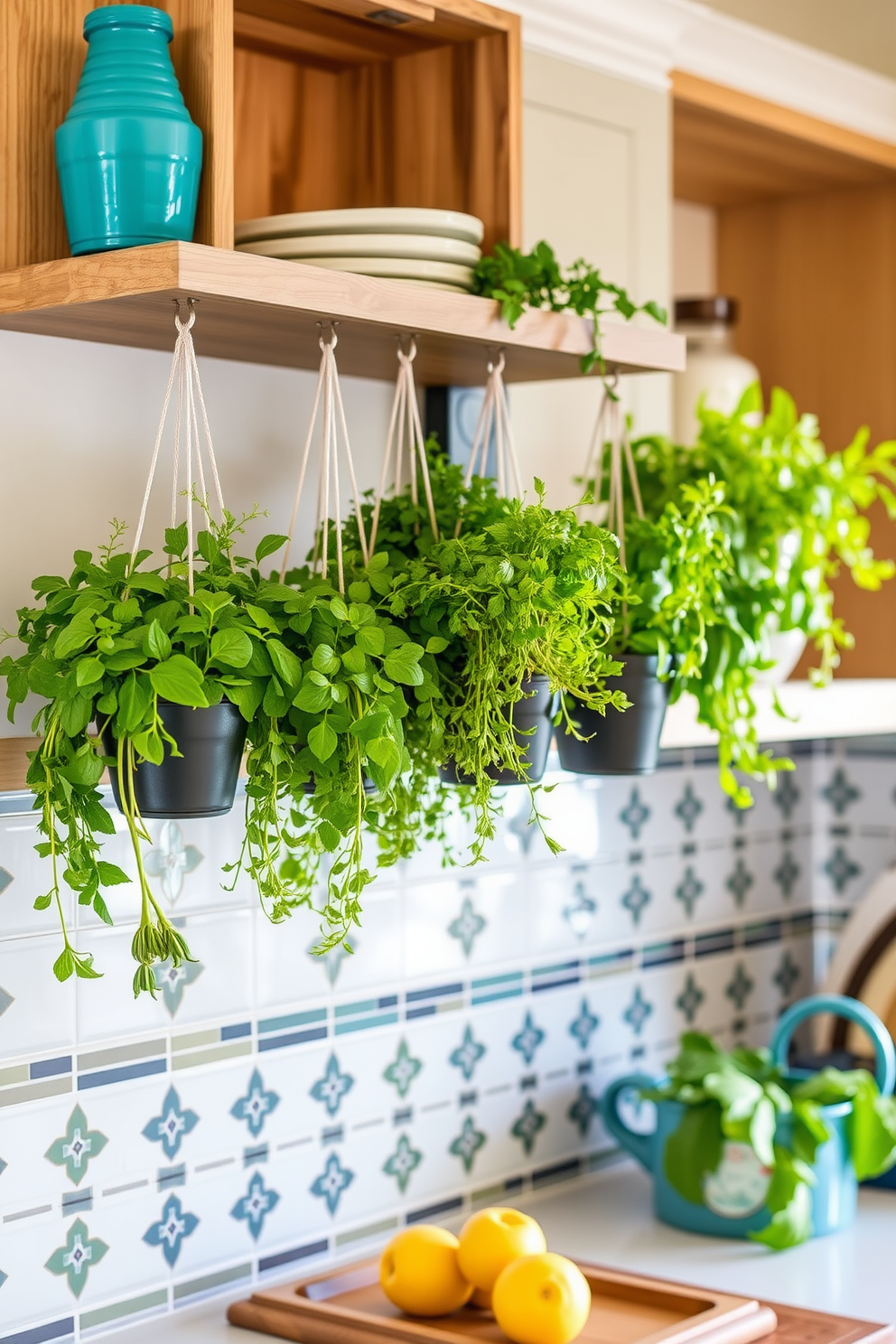 A hanging herb garden is designed to add fresh flavors and greenery to the kitchen. The herbs are suspended in stylish planters, creating an inviting and functional focal point. The wall features a combination of open shelving and decorative tiles for a modern touch. Bright, natural light enhances the vibrant colors of the herbs and the overall aesthetic of the kitchen.