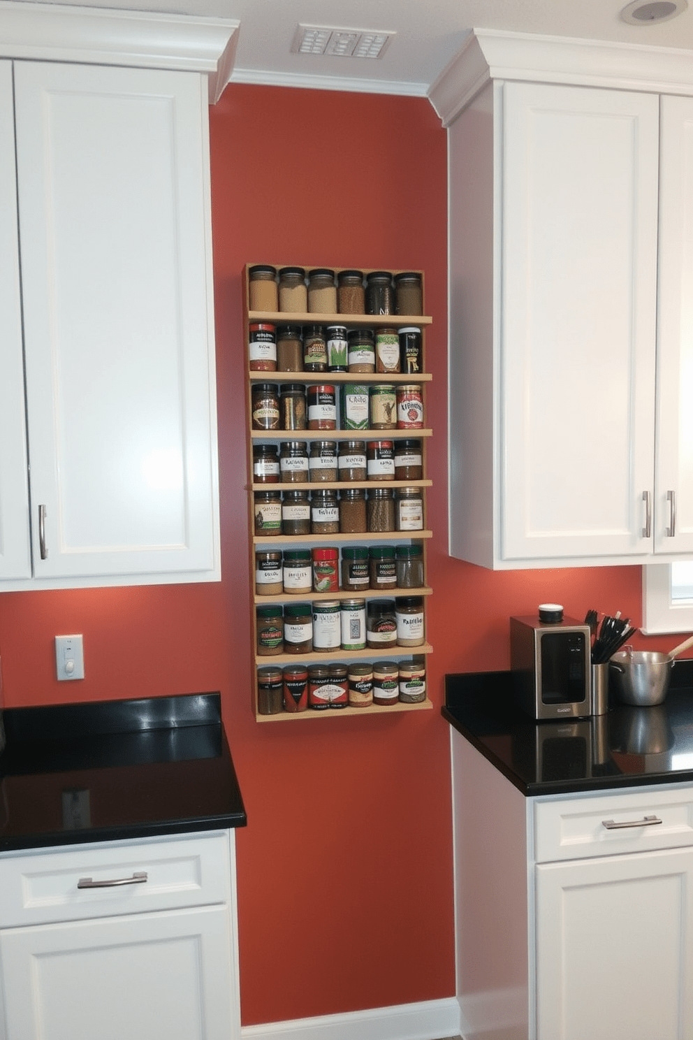 A stylish spice rack serves as functional wall decor in a contemporary kitchen. The rack features an assortment of colorful spice jars arranged neatly, adding a pop of color against a backdrop of sleek white cabinetry. The wall behind the spice rack is painted in a warm terracotta hue, complementing the natural wood tones of the shelves. Subtle lighting highlights the spices, creating an inviting and practical focal point in the kitchen design.