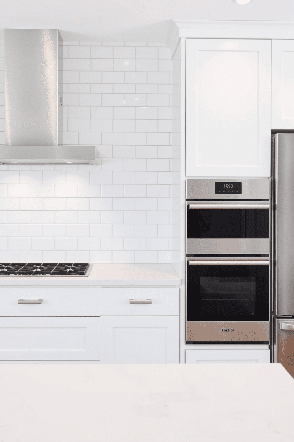 A modern kitchen featuring subway tiles in a classic white shade. The tiles create a clean and timeless backdrop for sleek cabinetry and stainless steel appliances.