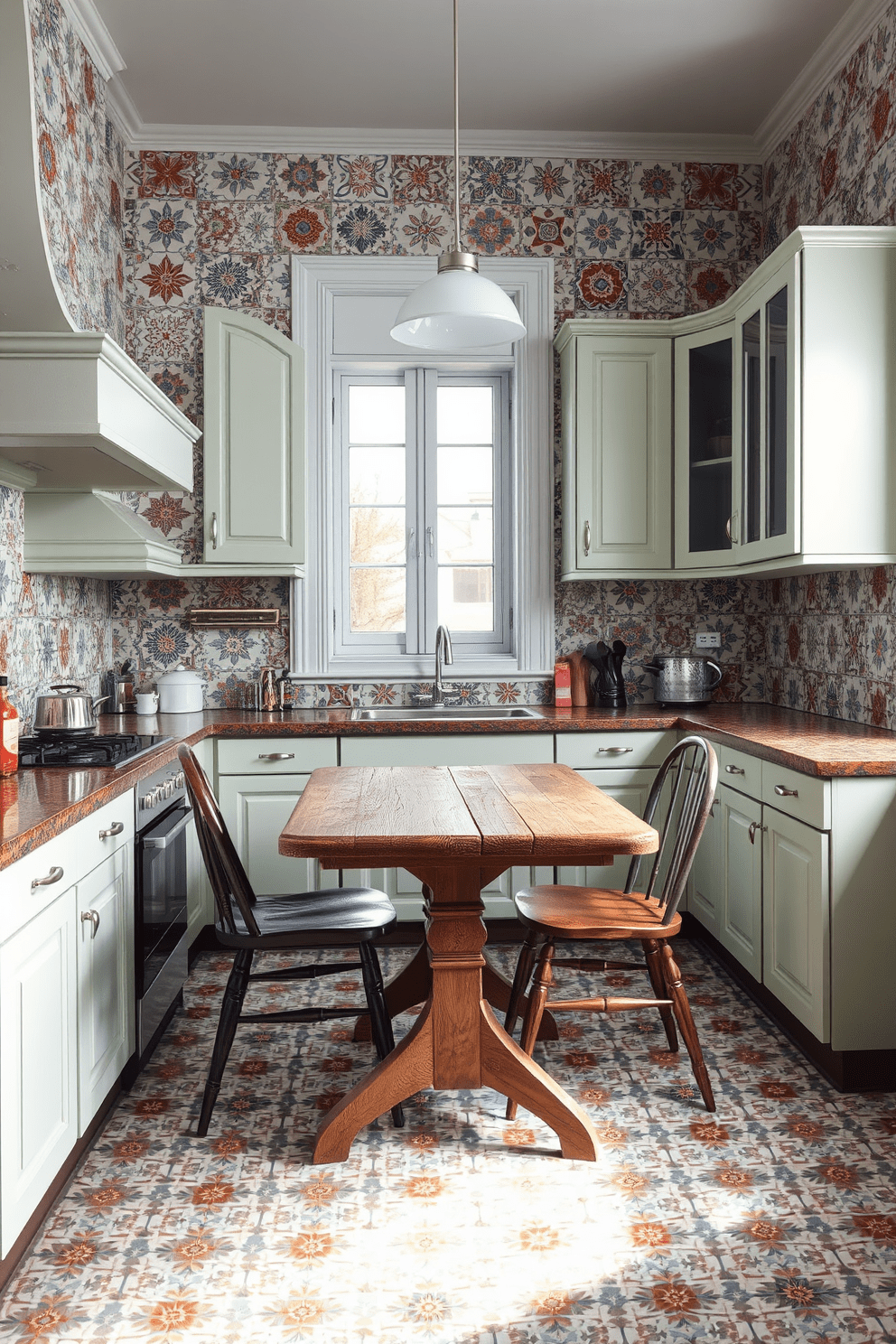 A retro kitchen featuring vintage patterned tiles that evoke a nostalgic atmosphere. The walls are adorned with colorful tiles in intricate designs, creating a lively and inviting space. The cabinetry is painted in a soft pastel color, complementing the vibrant tiles. A rustic wooden table sits in the center, surrounded by mismatched chairs that add to the eclectic charm.