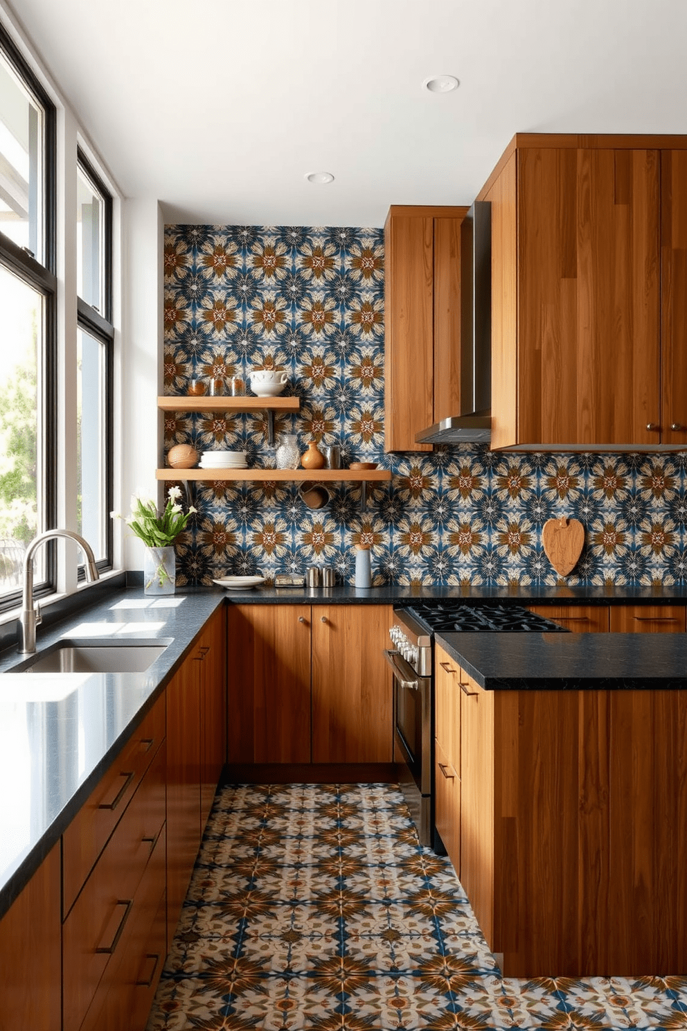 A stylish kitchen featuring cement tiles with intricate designs that add character to the space. The tiles are arranged in a captivating pattern, creating a vibrant focal point on the walls. The cabinetry is sleek and modern, with a warm wood finish that complements the tiles beautifully. Natural light floods the room through large windows, highlighting the unique textures and colors of the tile design.