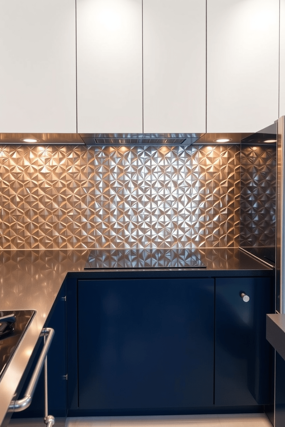 A sleek kitchen featuring metallic tiles that reflect light and create a modern atmosphere. The backsplash is adorned with geometric patterns in shades of silver and gold, adding a touch of luxury to the space. The cabinets are a deep navy blue, contrasting beautifully with the shimmering tiles. Stainless steel appliances complete the contemporary look, while under-cabinet lighting highlights the intricate tile design.