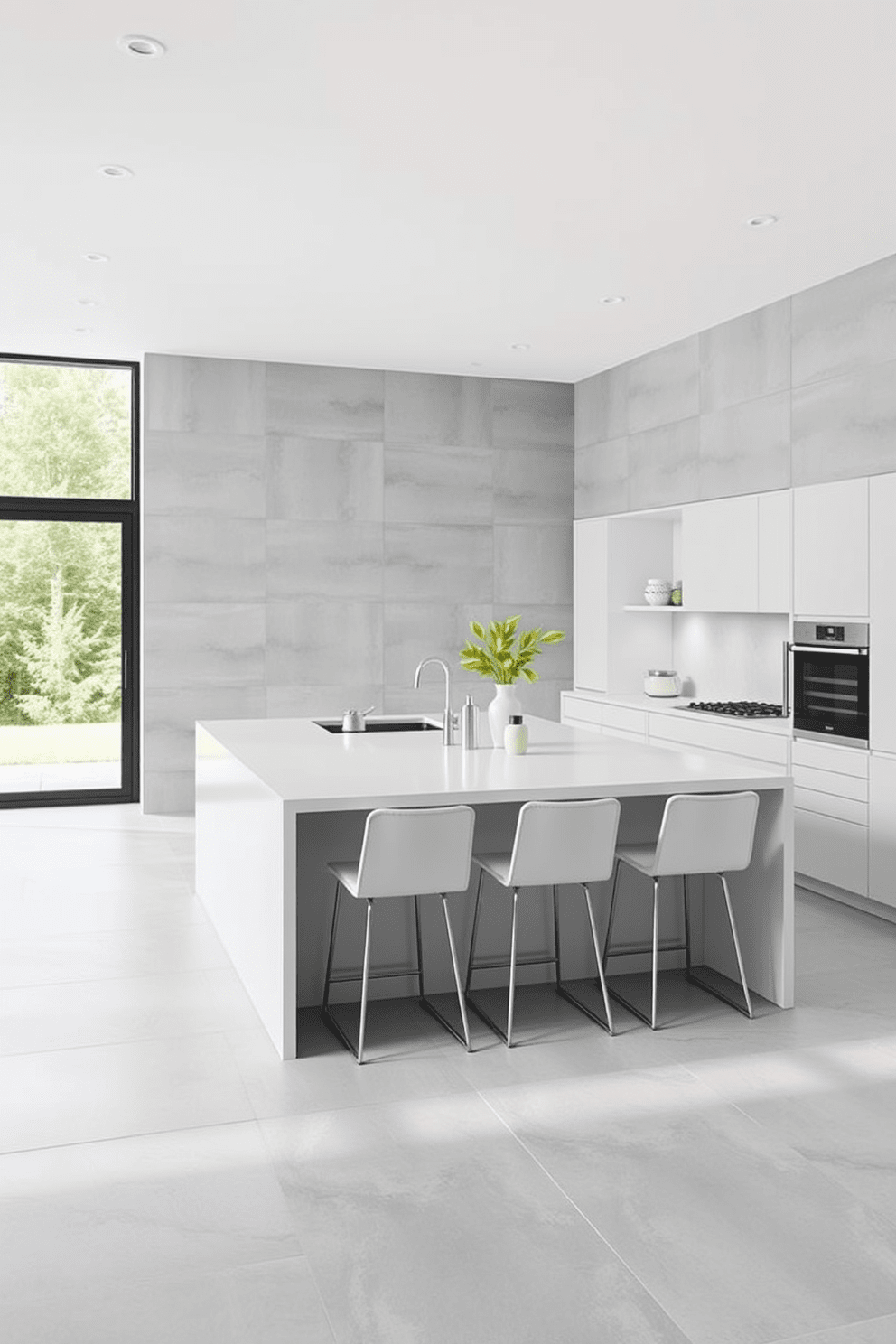 A minimalistic kitchen featuring large format tiles in a soft gray hue. The tiles create a seamless look on the walls, enhancing the spacious feel of the room. The kitchen island is topped with a sleek white countertop, complemented by minimalist bar stools. Natural light floods in through large windows, illuminating the clean lines and modern design elements.