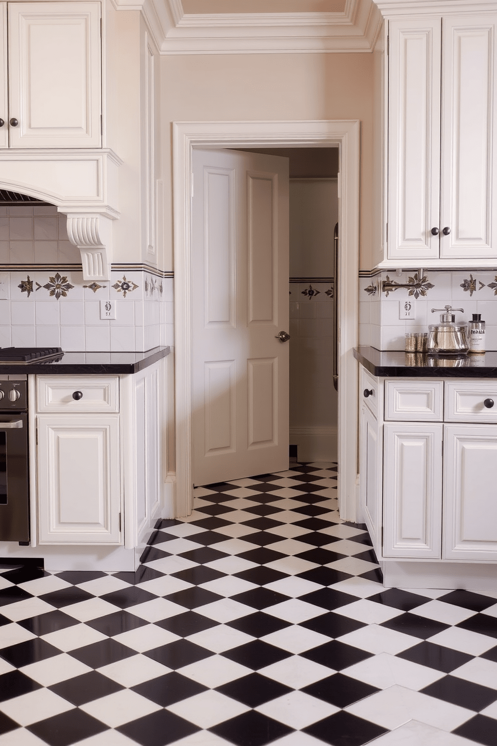 A classic kitchen setting featuring elegant checkerboard tiles in black and white, creating a timeless appeal. The walls are adorned with decorative tiles that complement the checkerboard floor, enhancing the overall aesthetic of the space.