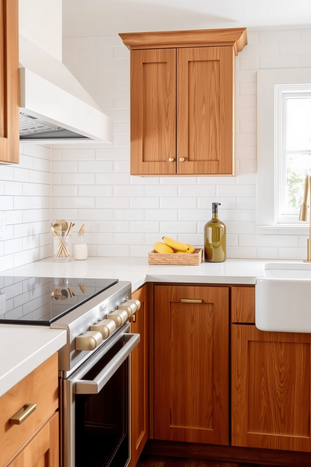 A stylish kitchen featuring subway tiles arranged in a herringbone pattern to add visual interest. The tiles are a glossy white finish, creating a bright and airy atmosphere complemented by wooden cabinetry and brass hardware.